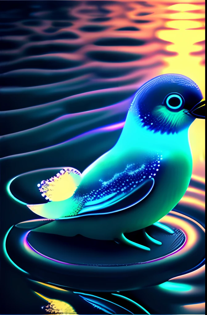Bioluminescent bird in water, vagalumes, 4k