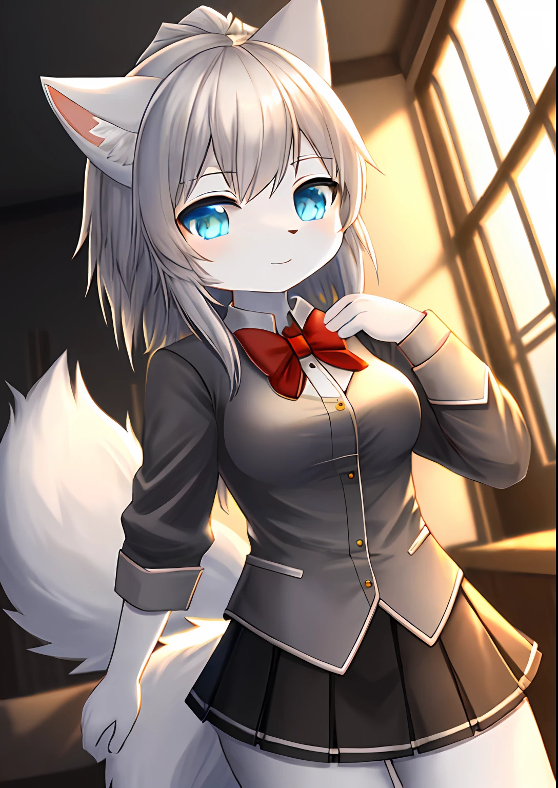 anthro female cat，short  skirt，long whitr hair，eyes with brightness，in a panoramic view，focal point。Detailed background enhancement，独奏，Furry fortification，Furry female，female focus，anthr，Fluffy tail all over，eBlue eyes，White fur，Long gray hair，Small and cute strengthened，Long canids strengthened，interiors、the night、borgar，8K