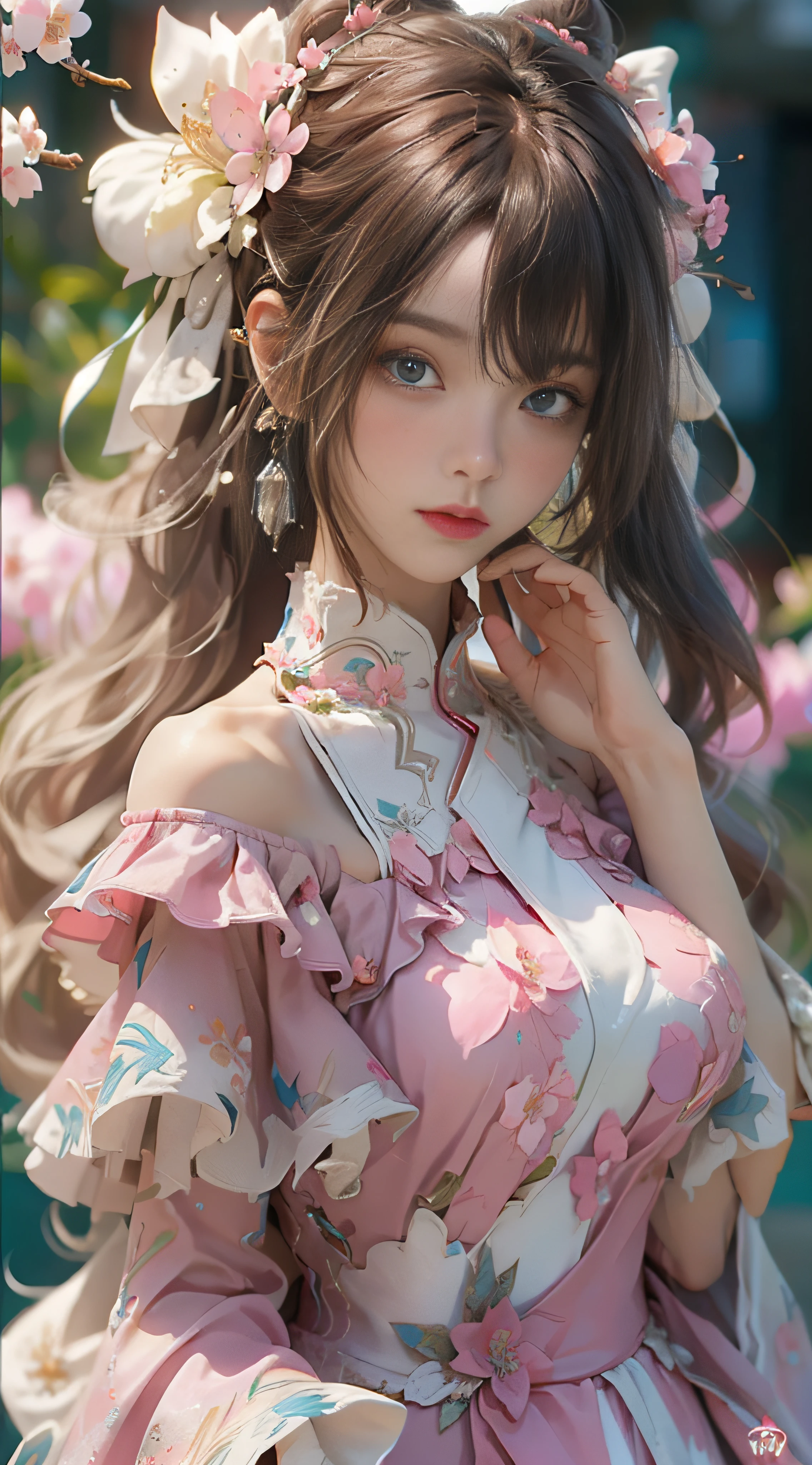 ((best qualtiy)), ((tmasterpiece)), (detail:1.4), Beautiful cyberpunk female images,hdr(HighDynamicRange),Ray traching,NVIDIA RTX,Hyper-Resolution,illusory 5,sub surface scattering,PBR textures,post-proces,Anisotropy Filtering,depth of fields,maximum definition and sharpness,Many-Layer Textures,Albedo e mapas Speculares,Surface coloring,Mitsu-Accurate simulation of material interactions,perfectly proportioned,rendering by octane,Two-colored light,largeaperture,Low ISO,White balance,Rule three points、8K raw data、Beautiful bright blue pupils,off-the-shoulder clothes,Fine pupils,Delicate face and eyes,long eyelasher,Blushlush,Delicate and fluffy hair,pink lip,Pure,Cute big breasts,Sweet girl,Artistic sense,Casual wear,Advancedsense,butterflys,Cherry blossom petal,Beautiful hair accessories,Long hair and waist,Hair fluttering in the wind,wedding gown,curlies