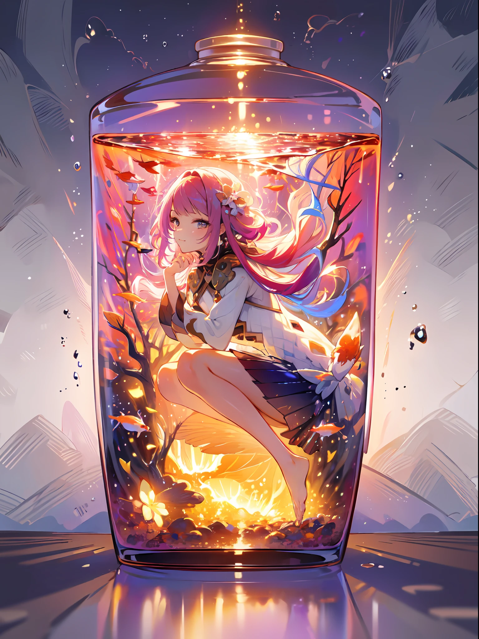 perfect eyes:1.2, detailed eyes:1.4, smile, sitting, air bubble, (masterpiece:1.6, best quality), phgls, /bottle, in container, (finely detailed beautiful eyes: 1.2), 1girl, solo, big breasts, purple hair, pink hair, two-tone hair, underwater, floating hair, (((masterpiece))),(((best quality))),(((extremely detailed))), illustration, mysterious, vivid color, shiny, full body, barefoot, long hair tranquil nature, koi, Underwater, close up, Dynamic actions, Lens perspective, sit cross-legged and lean against the bookshel, volumetric lighting, multi-color eyes, detailed eyes, hyper detailed, light smile, highly detailed, beautiful, small details, ultra detailed, best quality, intricate, 4k, 8k, trending on artstation, good anatomy, beautiful lighting, award-winning