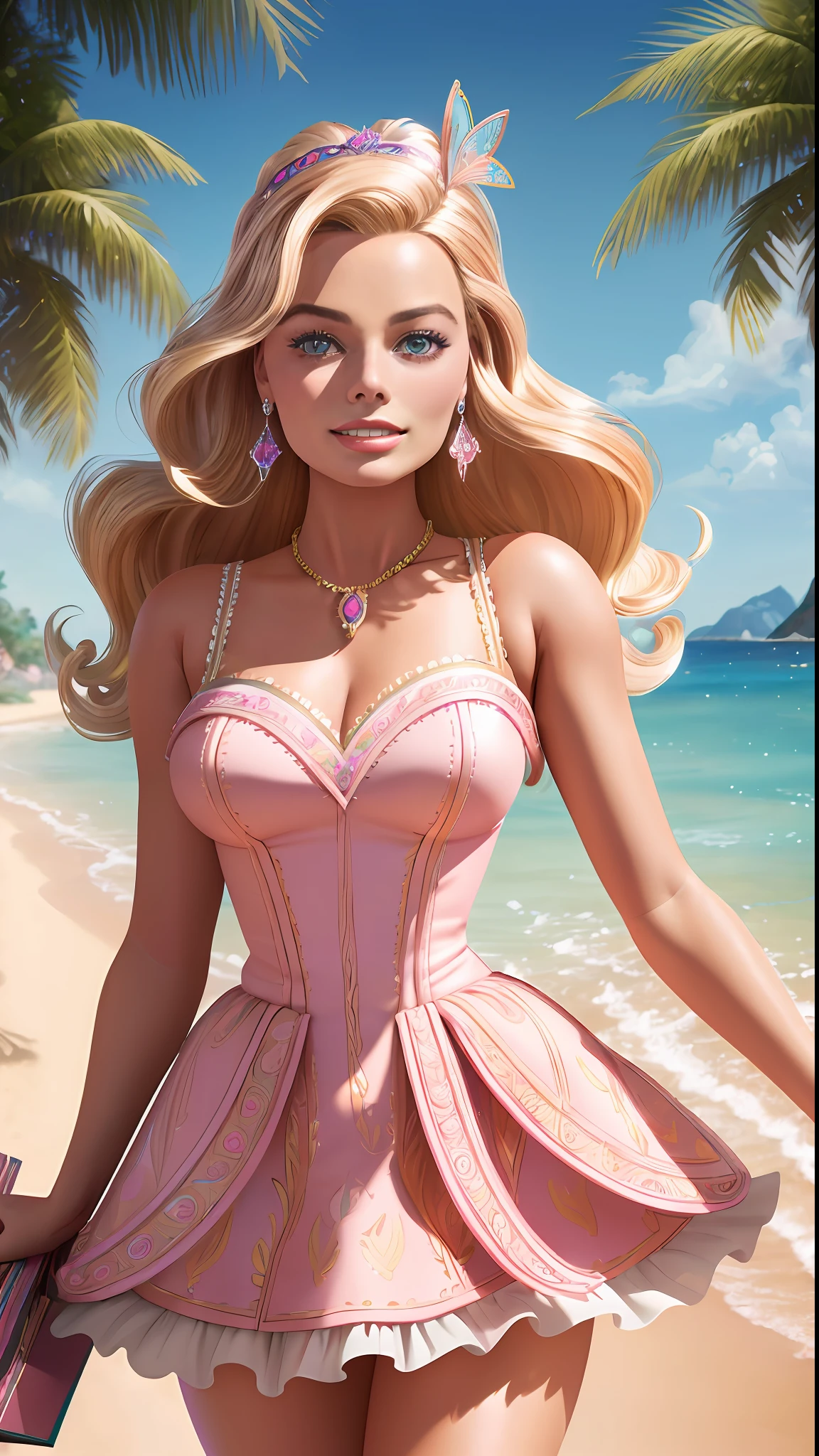(extremely detailed CG unity 8k wallpaper, masterpiece, best quality, ultra-detailed), (best illumination, best shadow, an extremely delicate and beautiful), ((Margot Robbie as Barbie doll)), Beautiful children's book illustration of happy world of Barbie, graphic design. digital art