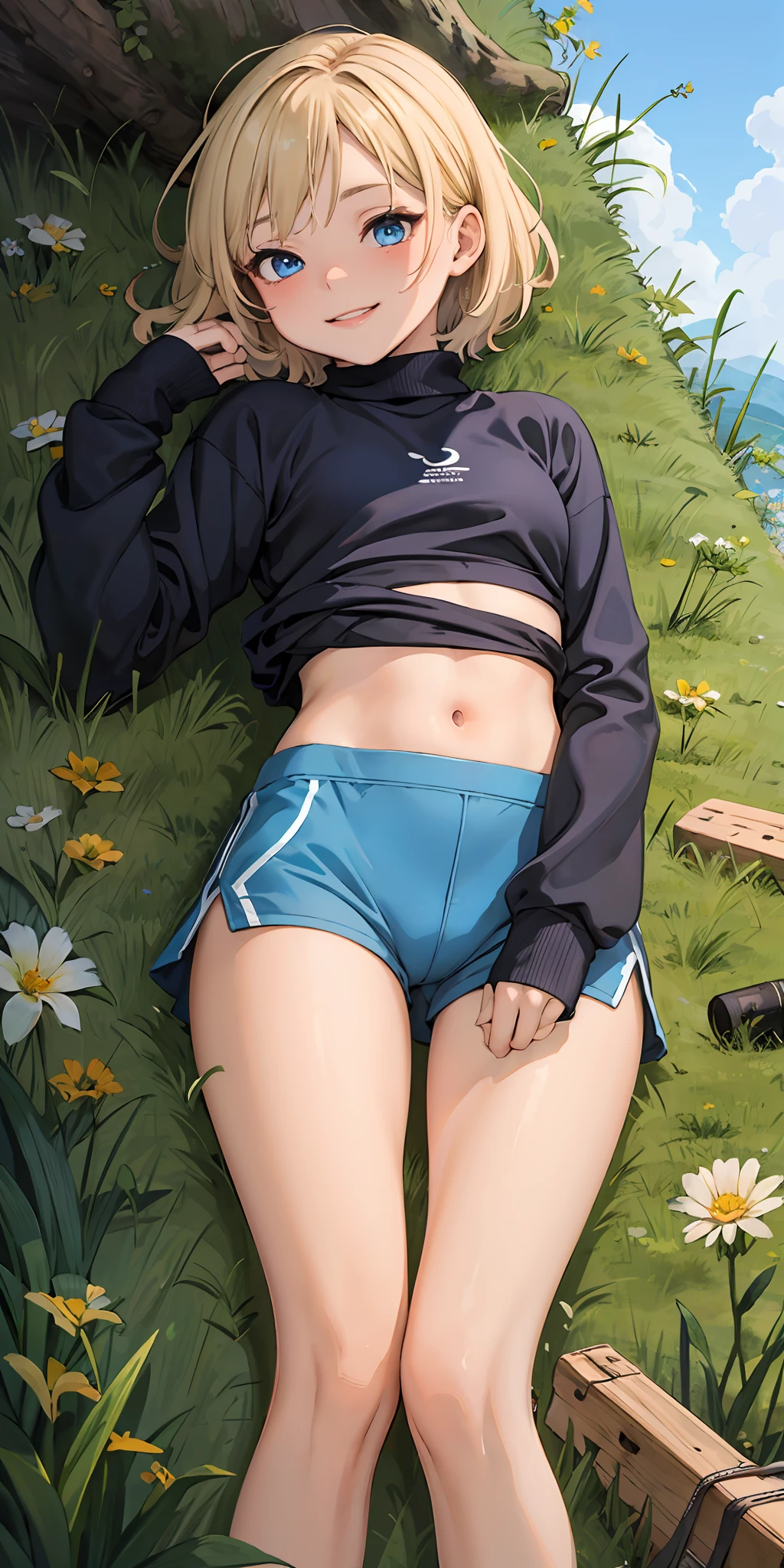 best quality, masterpiece, small breasts, smile, sweatshirt, leggings, outdoors, anime style, grass field, daytime, blue sky, blue eyes, detailed eyes, medium hair, blonde hair, loose hair, bangs, ass, open legs, lying down,