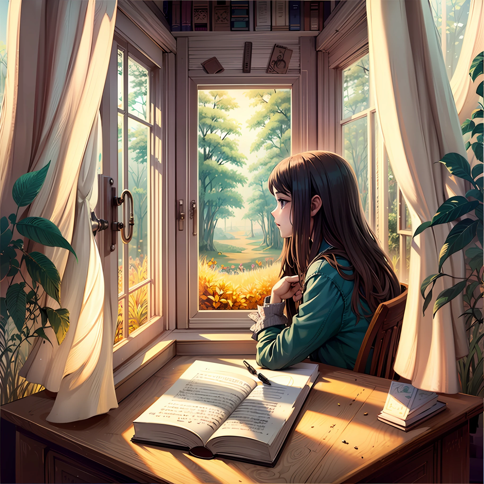 "1 girl sitting at a study table in front of a window, engrossed in writing and surrounded by books, capturing the beauty of nature through her artwork on a canvas " --auto