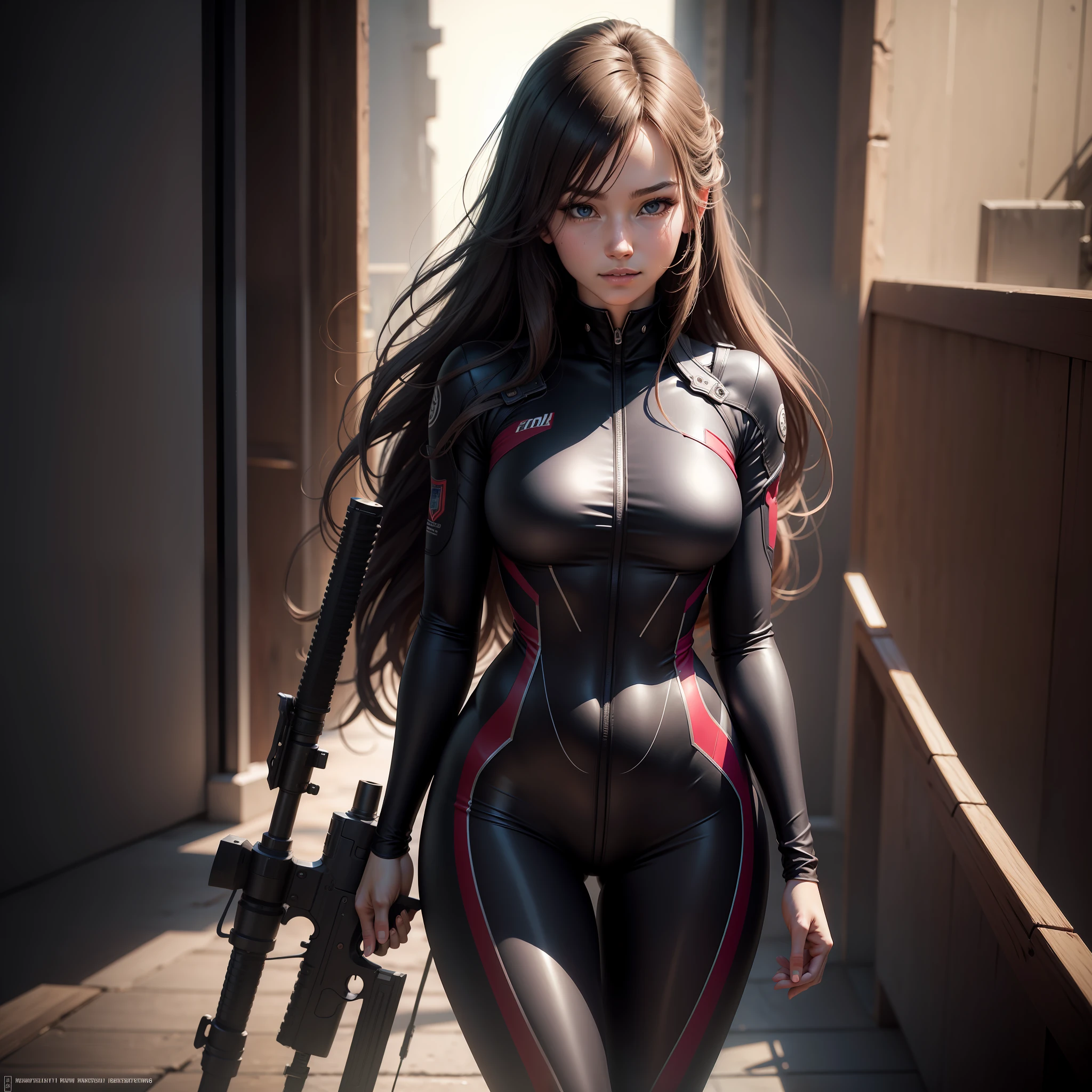（8K，RAW photos，best qualtiy，tmasterpiece：1.2），（realisticlying，Photorealistic and realistic：1.37），Hyper-detailing，超高分辨率，1 woman，Weapon aiming，beautifull detailed face，show，rifles，ssmile，teeth，Tall and tall，tightsuit，pantiess，profesional lighting，exteriors，