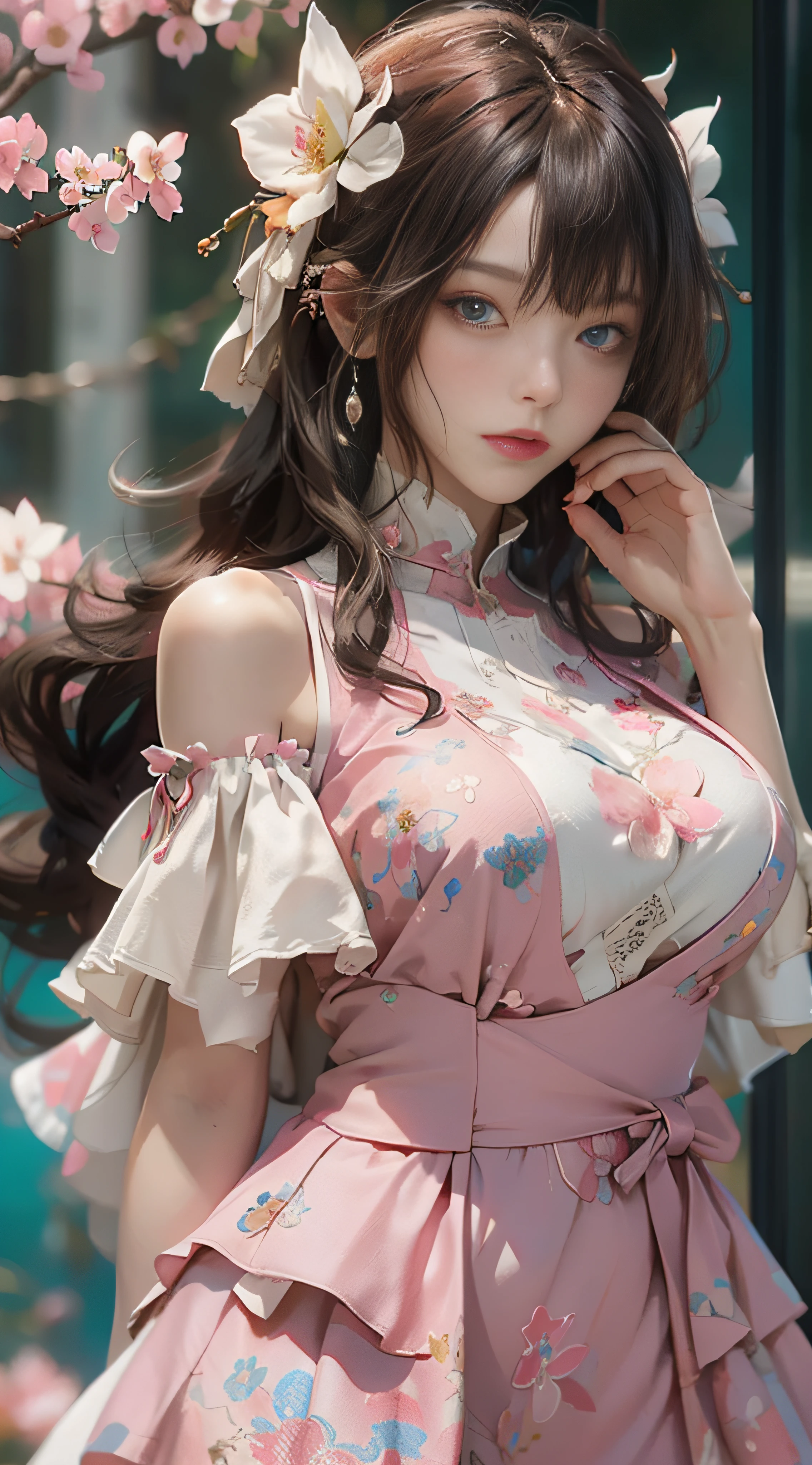 ((best qualtiy)), ((tmasterpiece)), (detail:1.4), Beautiful cyberpunk female images,hdr(HighDynamicRange),Ray traching,NVIDIA RTX,Hyper-Resolution,illusory 5,sub surface scattering,PBR textures,post-proces,Anisotropy Filtering,depth of fields,maximum definition and sharpness,Many-Layer Textures,Albedo e mapas Speculares,Surface coloring,Mitsu-Accurate simulation of material interactions,perfectly proportioned,rendering by octane,Two-colored light,largeaperture,Low ISO,White balance,Rule three points、8K raw data、Beautiful bright blue pupils,off-the-shoulder clothes,Fine pupils,Delicate face and eyes,long eyelasher,Blushlush,Delicate and fluffy hair,pink lip,Pure,Cute big breasts,Sweet girl,Artistic sense,Casual wear,Advancedsense,butterflys,Cherry blossom petal,Beautiful hair accessories,Long hair and waist,Hair fluttering in the wind,wedding gown,curlies
