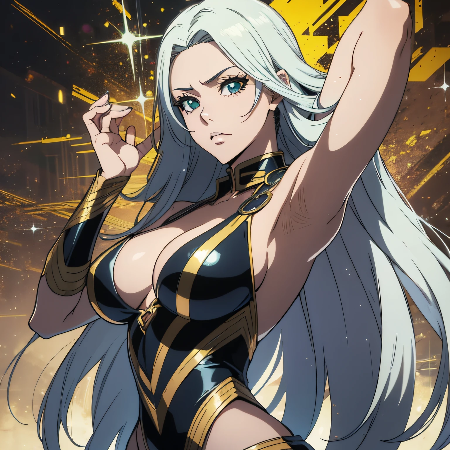 Linda mulher de corpo inteiro, rosto perfeito, longos cabelos loiros, olhos verdes brilhantes, Linda mulher de corpo inteiro, 30 anos, corpo musculoso e perfeito, com pouca roupa, seios grandes, 1girl, Particle, magia de vento, pose, ataque iminente, raiva, dominante e intimidante, postura de luta, traje de luta, estilo bleach, animes style, girl from anime manga, Shonen, Epic anime style, cinematic lighthing, Epic composition, rosto detalhado, olhos detalhados, extremamente detalhado.
