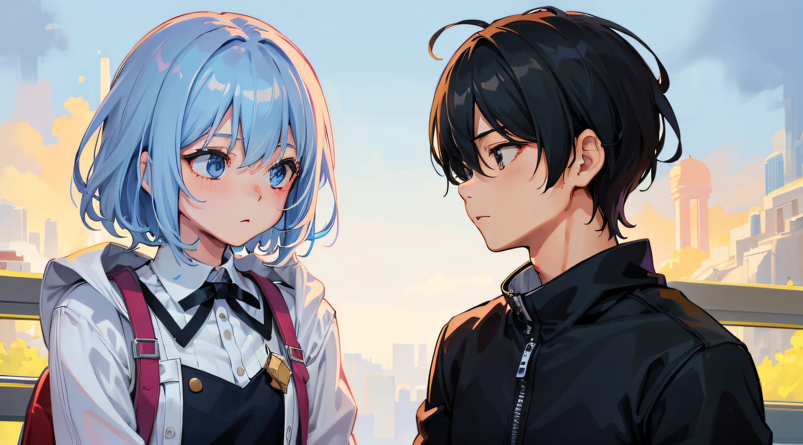 a couple（１Boy、１garl）、short-cut、Background Simple、