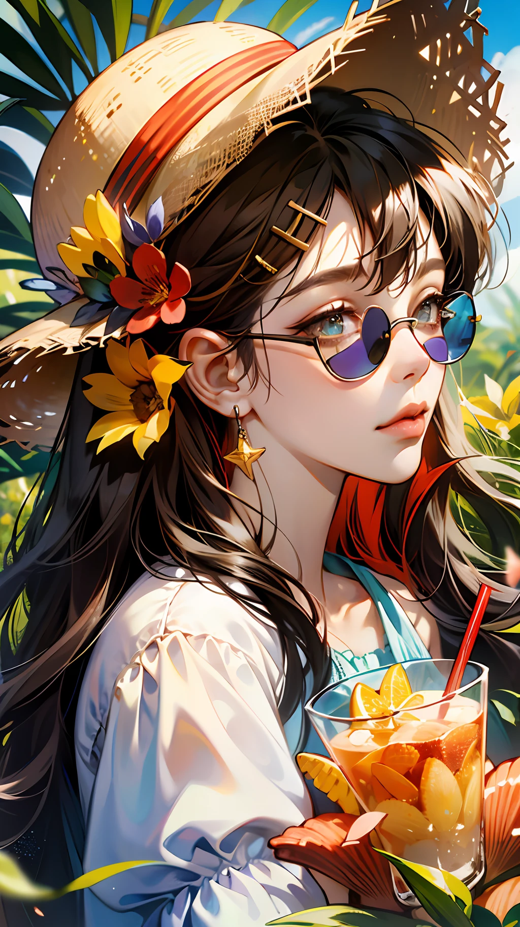 absurdres, highres, ultra detailed, 1girl, solo, extremely detailed eyes, starfish, seashell, shell, flower, hat, hair ornament, jewelry, straw hat, looking at viewer, sunglasses, hat flower, drinking straw, hairclip, earrings, red flower, tinted eyewear, yellow flower, bangs, english text, multicolored hair, orange flower, black hair, ring, cup, long hair, orange-tinted eyewear, food, brown hair, portrait, shell hair ornament