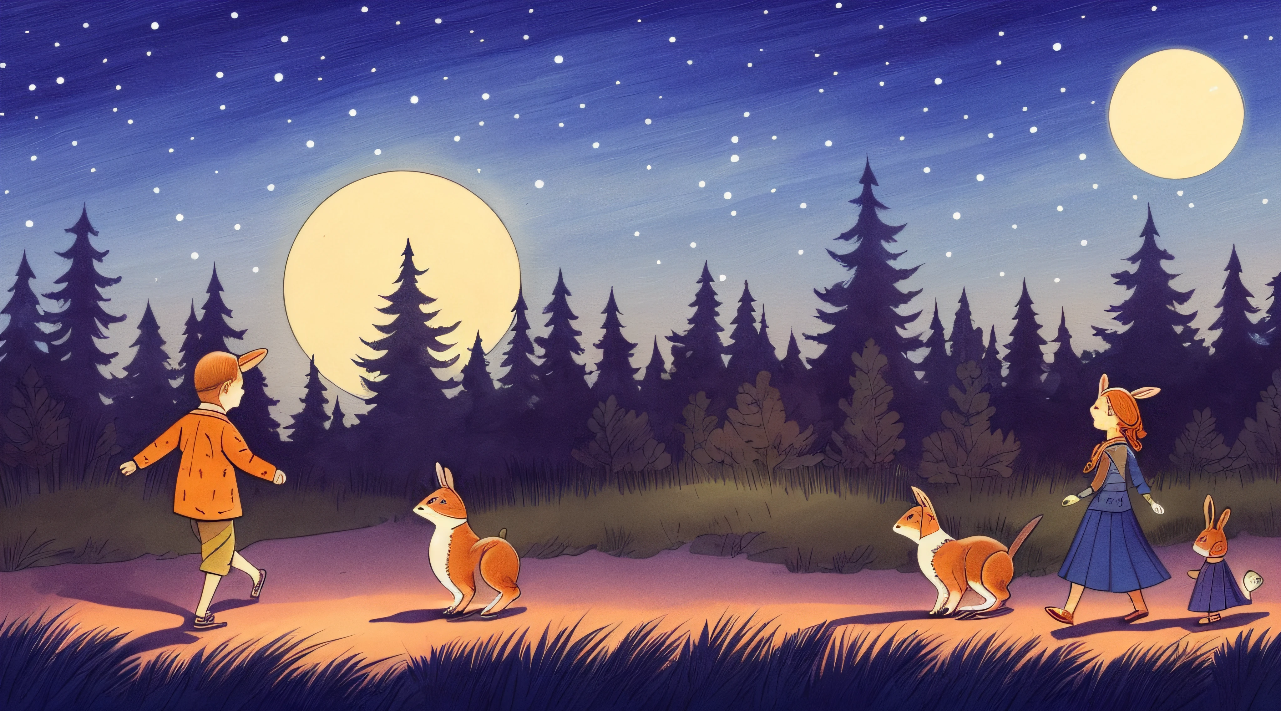 a page from children's storybook, a mama bunny and a kid bunny walking at the forest at night, owls and fox shadows, digital illustration, in the style of hand-drawn animation, found footage, carolyn blish, hand lettering, traditional animation,