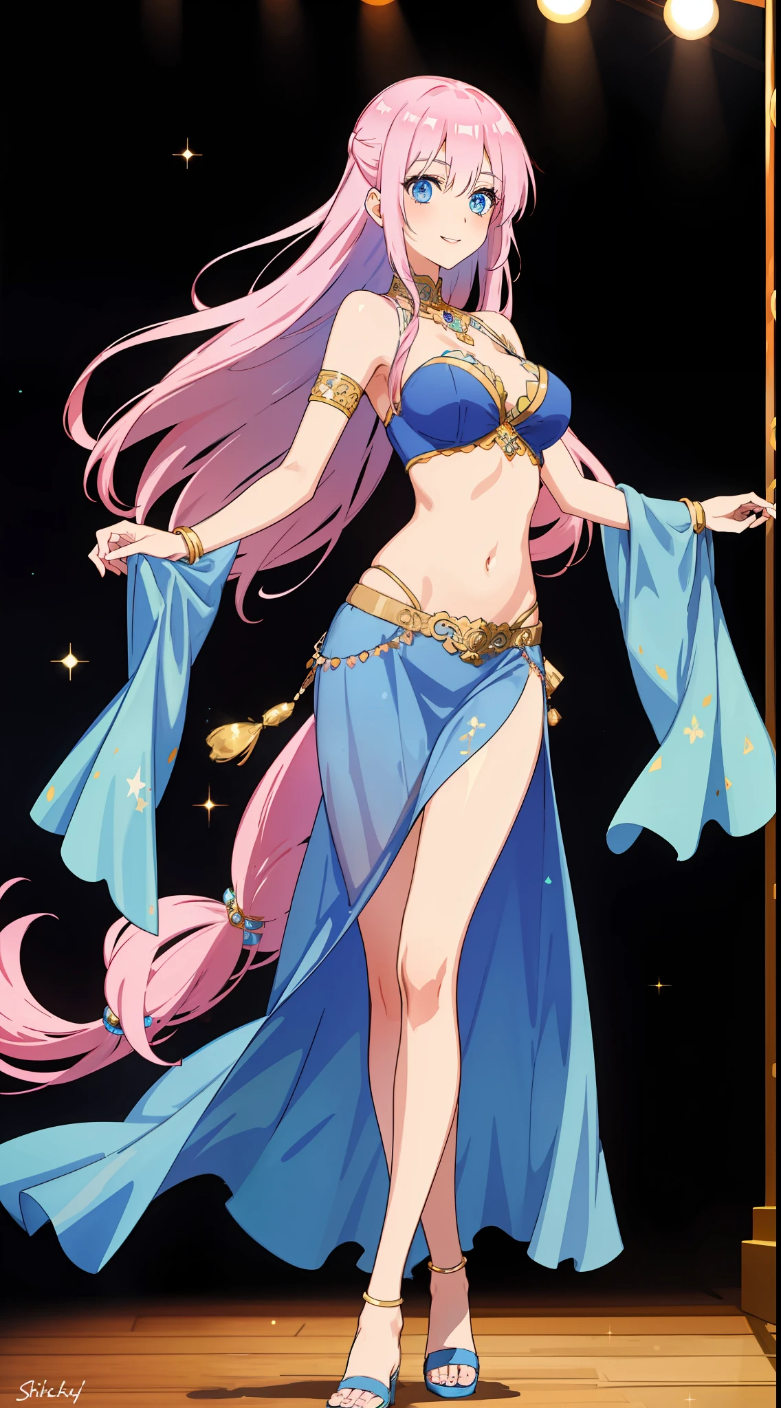 shikimori, medium breast, slim legs, blue gown, navel, skirt, standing, beautiful eyes, blue eyes, happy, arabian belly dancer, stage