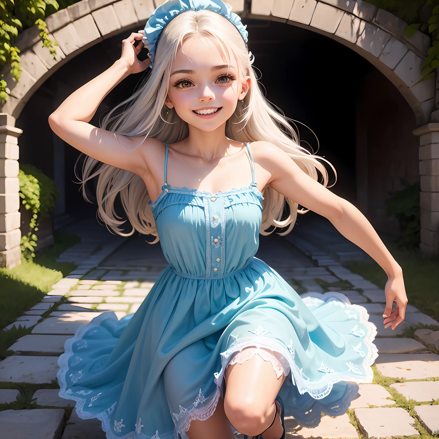 Children's story character named Juliet presented full body, Juliet is a 6-year-old girl, wears a faded blue dress that goes to the knees sleeveless, com presilhas de margarida nos cabelos, uma acima de cada orelha, usa sapatilha rasteira branca, Your hair is long, loiro e cacheado, de sorriso lindo e dentes brancos, is running on a bridge of stones, isometrica, fotorealismo e super detalhado, rosto perfeito --auto