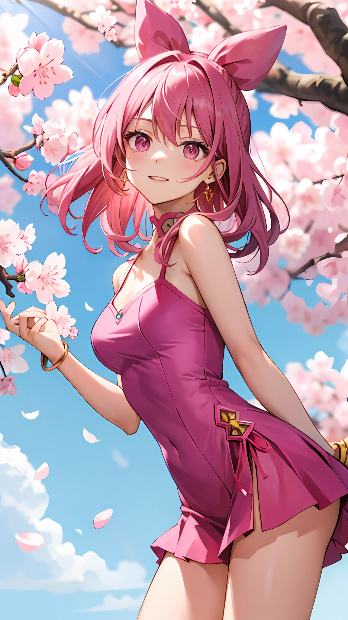 （tmasterpiece，best qualtiy：1.2），（looking at viewert），Nice face，Pink theme，cowboy lens，rays of sunshine，Powdered hair，Pink eyes，Pink jewelry，nedium breasts，on a Cherry blossom background，Hairstyle Random，Pink clothes