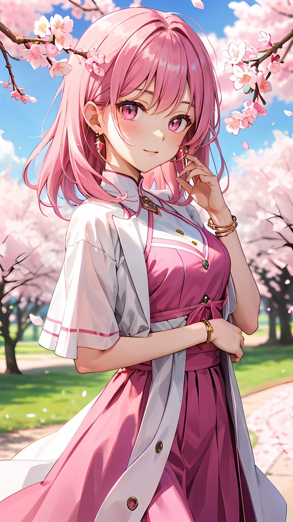 (tmasterpiece,best qualtiy:1.2),(looking at viewert),Nice face,Pink theme,cowboy lens,rays of sunshine,Powdered hair,Pink eyes,Pink jewelry,nedium breasts,on a Cherry blossom background,Hairstyle Random,Pink clothes