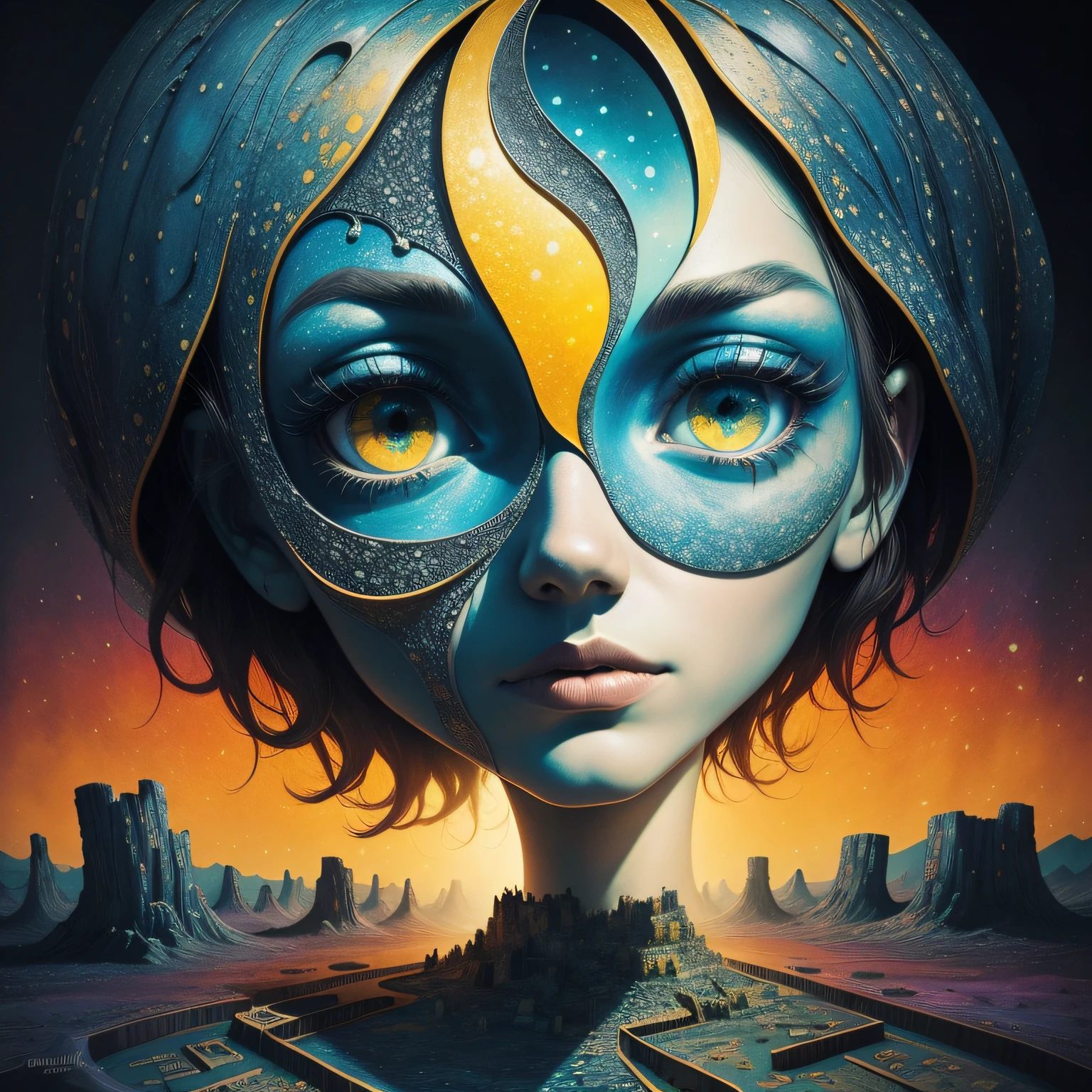 Fantasy Surrealism, Abstract Landscape-Face Fusion, in the style of Vincent van Gogh and Johannes Vermeer and Paul Klee and Bernard Buffet, vibrant interplay of light and shadow, hyperrealism, psychedelic pop art pointillism, Ascii, Textured repeating patterns, bold use of negative space