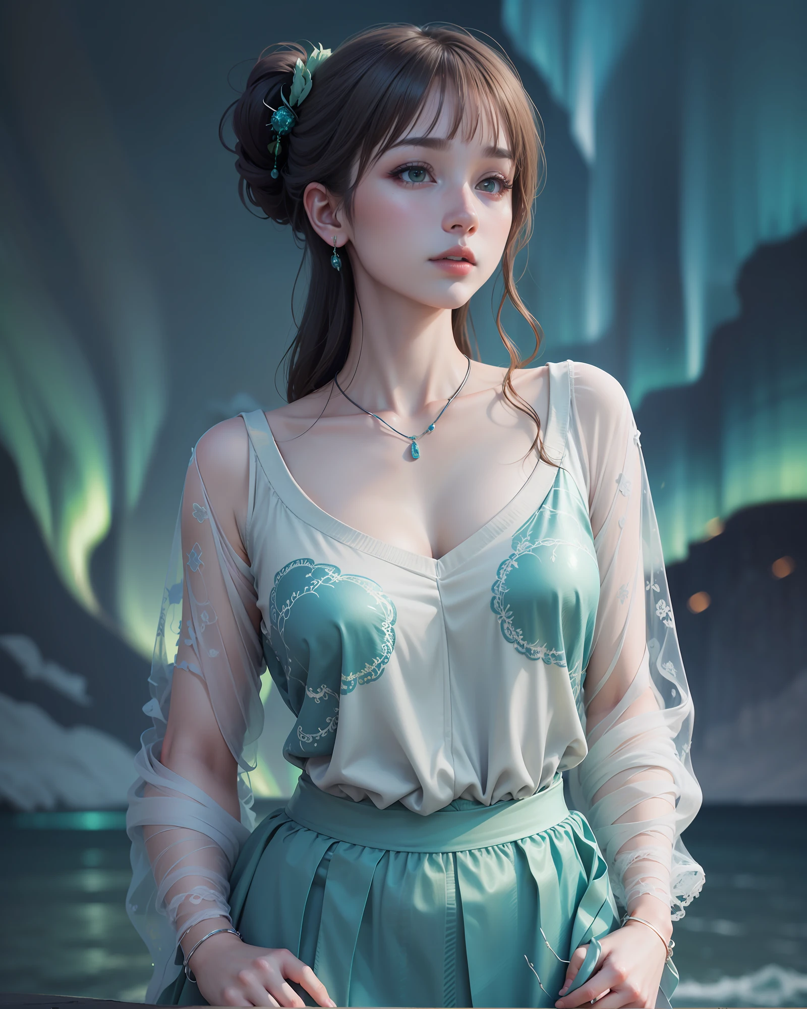 Aurora borealis, A full body portrait of a girl watching aurora borealis, Crayola's Sea Green, Metallic Seaweed and Midnight Green colored aurora borealis, polar lights, best quality, masterpiece, highres, 1girl,china dress,hair ornament,necklace, jewelry,Beautiful face,upon_body, tyndall effect,photorealistic, dark studio, rim lighting, two tone lighting,(high detailed skin:1.2), 8k uhd, dslr, soft lighting, high quality, volumetric lighting, candid, Photograph, high resolution, 4k, 8k, Bokeh,