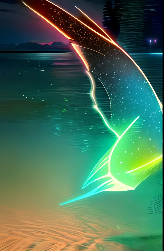 Bioluminescent bird in water, vagalumes, 4k, cores vintage