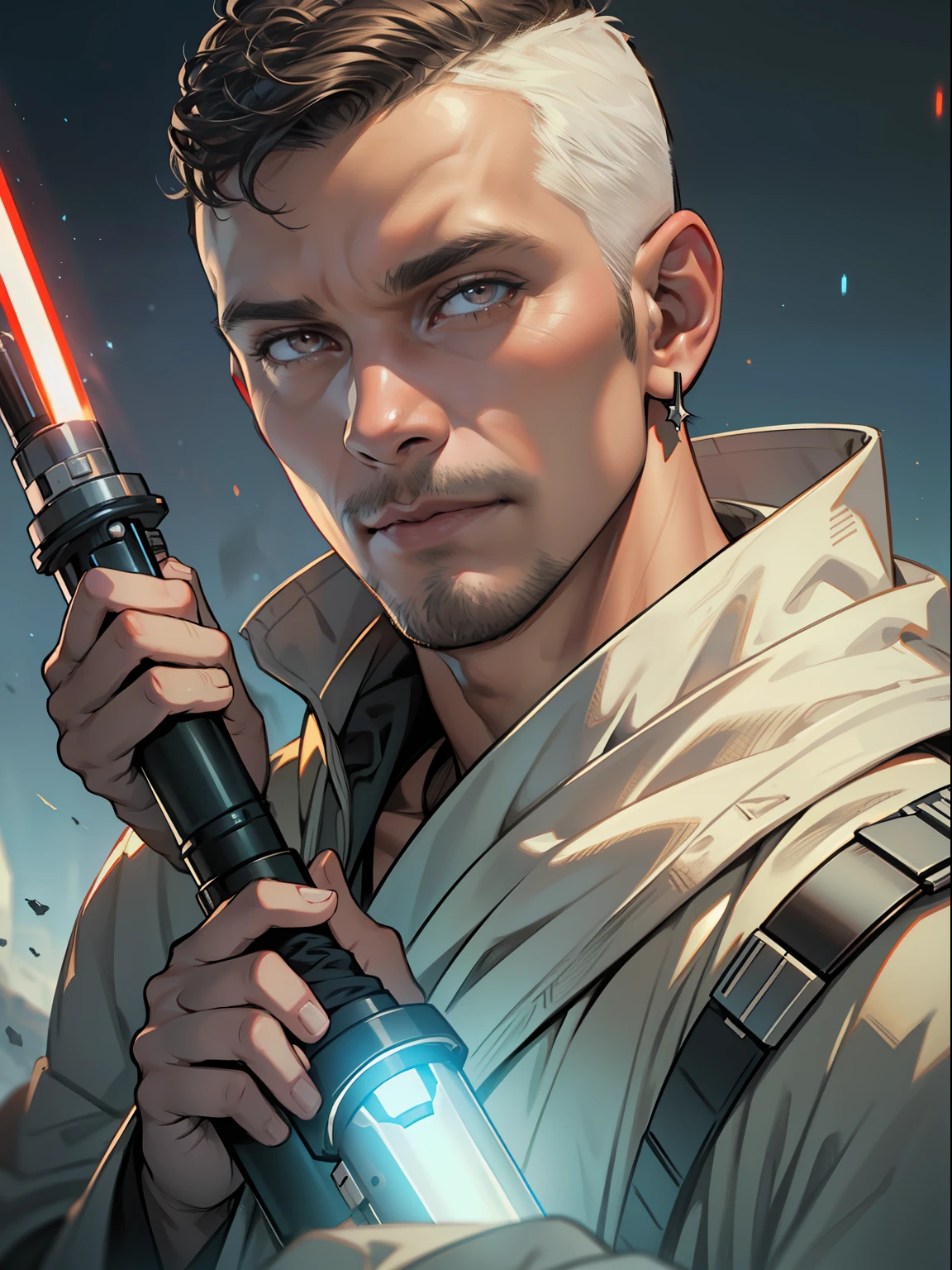Create a man, star wars character, Hold your lightsaber in front of your face, 35yo,Weight 70 lbs,Wearing a light-colored robe, Wear black earrings, Curly and short, The sides are slightly shaved, Brown eyes, Mysterious eyes, Detailed anatomy, Photo, Realistic, Cinematic, Glamour, On an alien planet