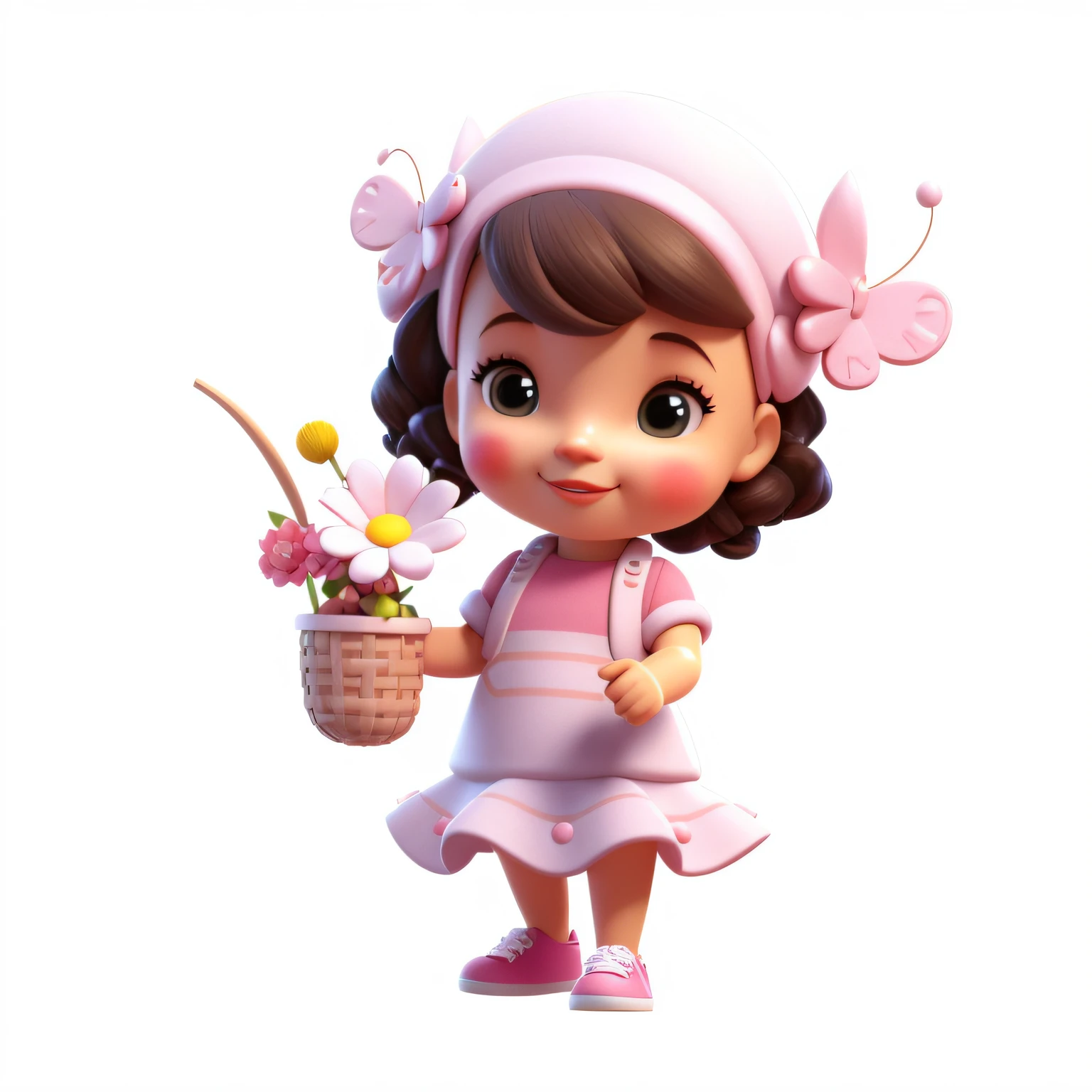 um close up de uma garota de desenho animado segurando uma cesta de flores, personagem bonito dos desenhos animados, render de uma menina anime 3d bonito, bonito 3 d render, personagem bonito, 3 d render stylized, animation character, Personagem 3D, Personagem 3D, 3 d render arte do caractere 8 k, pink iconic character, official illustration, Personagem altamente detalhado, personagem de desenho animado, olhos castanhos escuros, cabelos cacheados