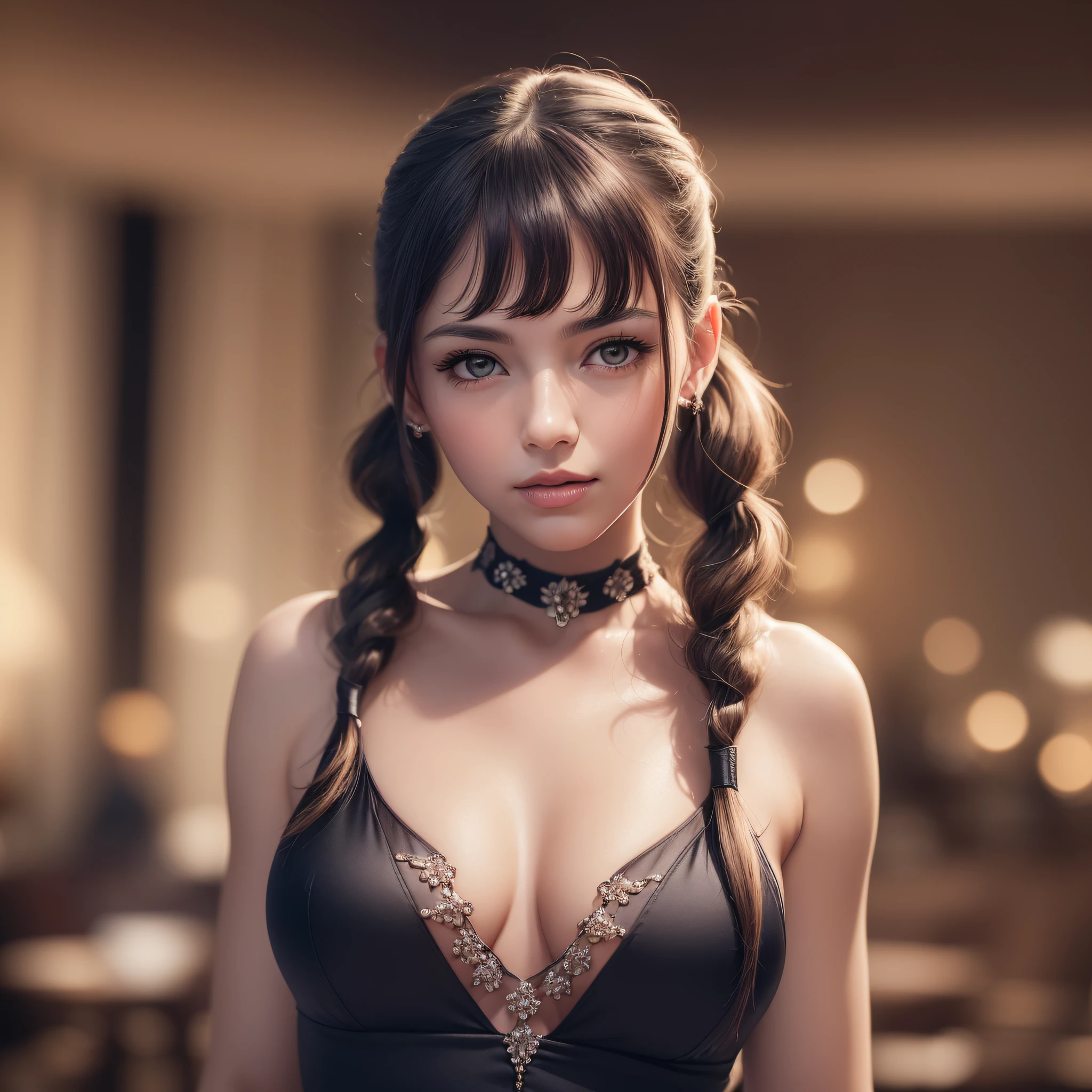 woman posing for a photo, (wearing deep_v-neck_dress, pigtail_hairstyle:1.3),
good hand,4k, high-res, masterpiece, best quality, head:1.3,((Hasselblad photography)), finely detailed skin, sharp focus, (cinematic lighting), night, soft lighting, dynamic angle, [:(detailed face:1.2):0.2],(((5 stars hotel))),