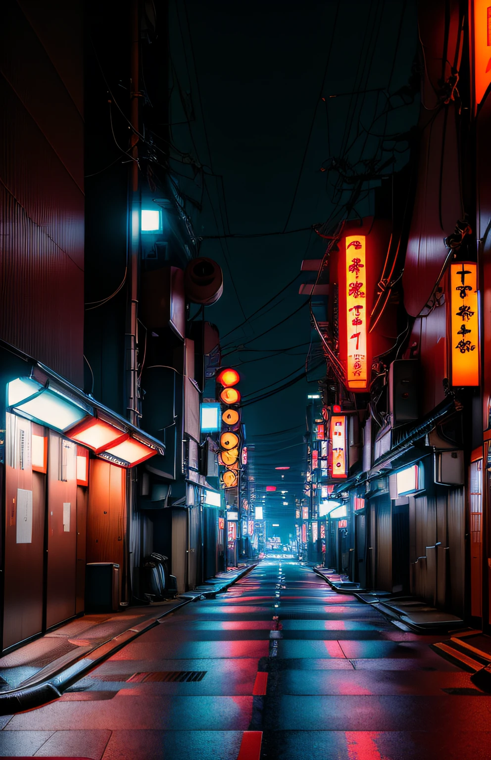 lonely ally in Tokyo, cyberpunk city from sci-fi movie, empty street, Japan, Japan signs, intricate, hyper-detailed, realistic, ultra-realistic, high quality, ultra detail, crazy detail, photo realism, 8k