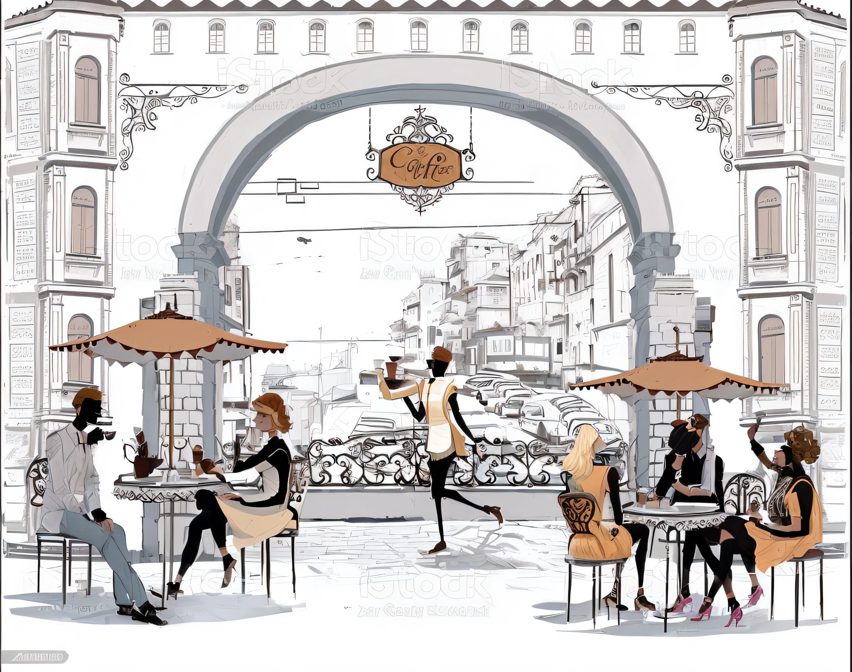 Araffes in a coffee shop with a waiter and a waiter in a restaurant, in a sidewalk cafe, in a bright cafe, coffee shop, sitting at a coffee shop, commercial illustration, Directed by: Hristofor Zhefarovich, stylised illustration, na cidade, illustration!, elaborate illustration, Estilo de desenho bonito, por Nedelchev, por Elena Teacher