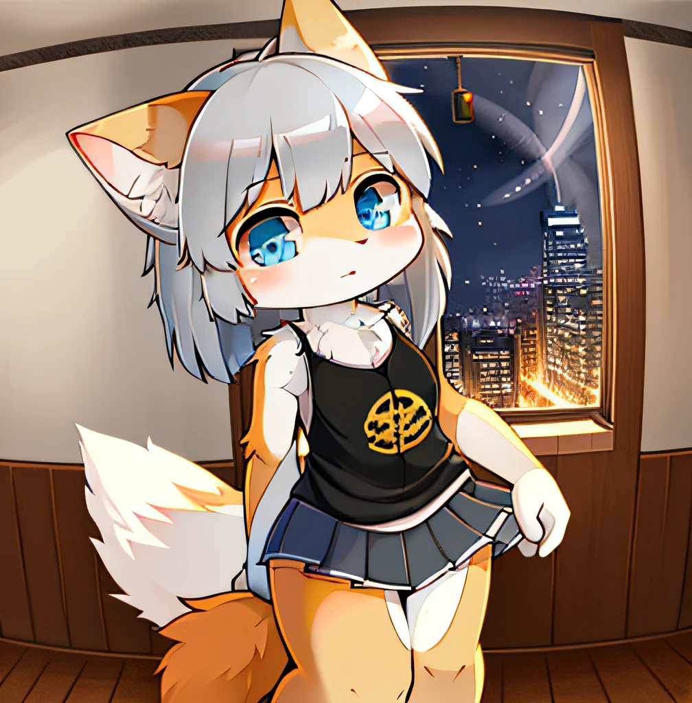 anthro female cat，short  skirt，long whitr hair，eyes with brightness，in a panoramic view，focal point。Detailed background enhancement（0.7），独奏，Furry fortification，Furry female，female focus，anthr，Fluffy tail all over，eBlue eyes，White fur，Long gray hair，Small and cute strengthened，Long canids strengthened（1.2），interiors、the night、borgar（1.1）。