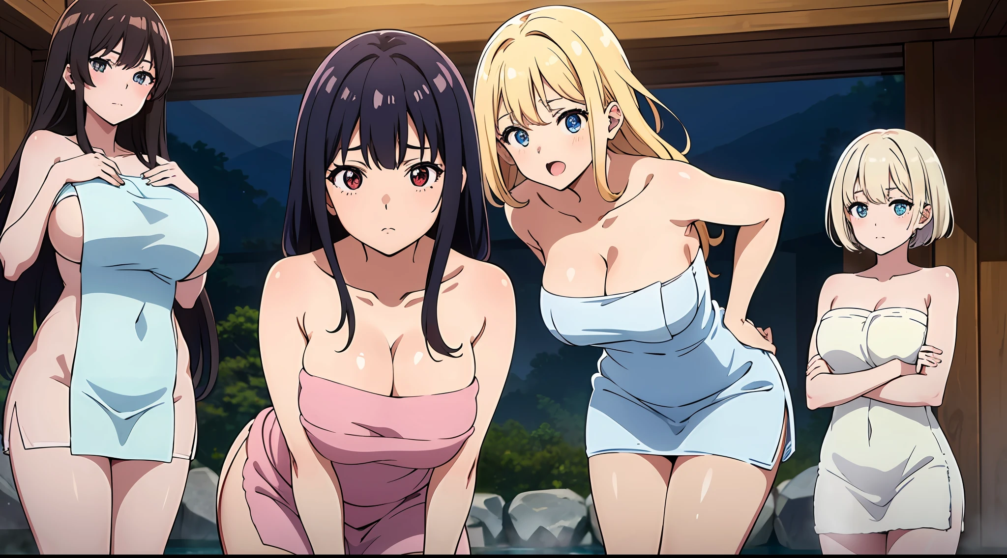 Onsen, towel,(Sheer towel:1.4), look at viewr, Multiple girls, in group photograph, lineup, harems, High School Girls, 3女の子, Huge perfect breasning forward, Cowboy Shot, (Best Quality, 8K, 32K, masutepiece:1.2), focus on chest