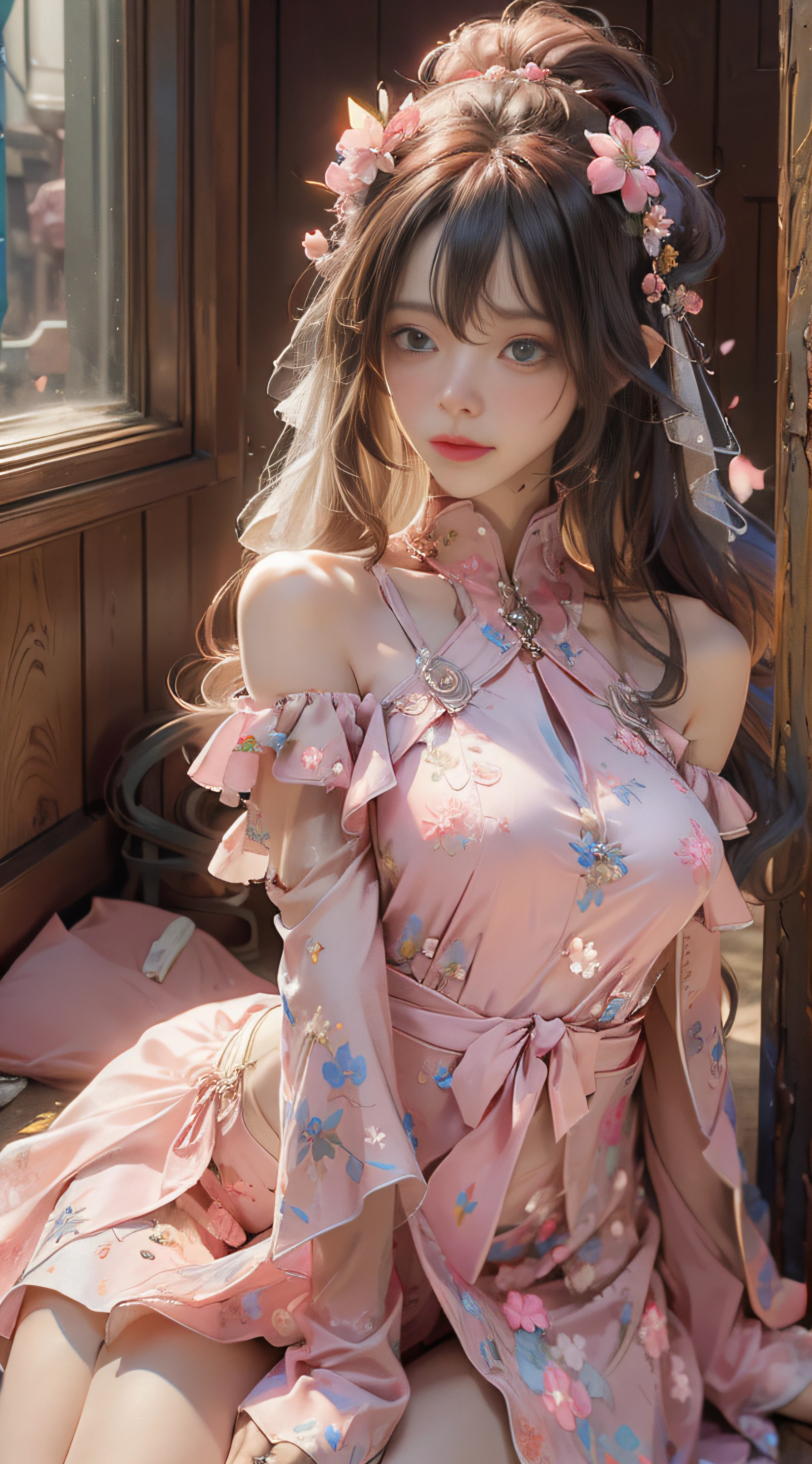 ((best qualtiy)), ((tmasterpiece)), (detail:1.4), 3D, Beautiful cyberpunk female images,hdr(HighDynamicRange),Ray traching,NVIDIA RTX,Hyper-Resolution,illusory 5,sub surface scattering,PBR textures,post-proces,Anisotropy Filtering,depth of fields,maximum definition and sharpness,Many-Layer Textures,Albedo e mapas Speculares,Surface coloring,Mitsu-Accurate simulation of material interactions,perfectly proportioned,rendering by octane,Two-colored light,largeaperture,Low ISO,White balance,Rule three points、8K raw data、Beautiful bright blue pupils,off-the-shoulder clothes,Fine pupils,Delicate face and eyes,long eyelasher,Blushlush,Delicate and fluffy hair,pink lip,Pure,Cute big breasts,Sweet girl,Artistic sense,Casual wear,Advancedsense,butterflys,Cherry blossom petal,Beautiful hair accessories,Long hair and waist,Hair fluttering in the wind,wedding gown,curlies