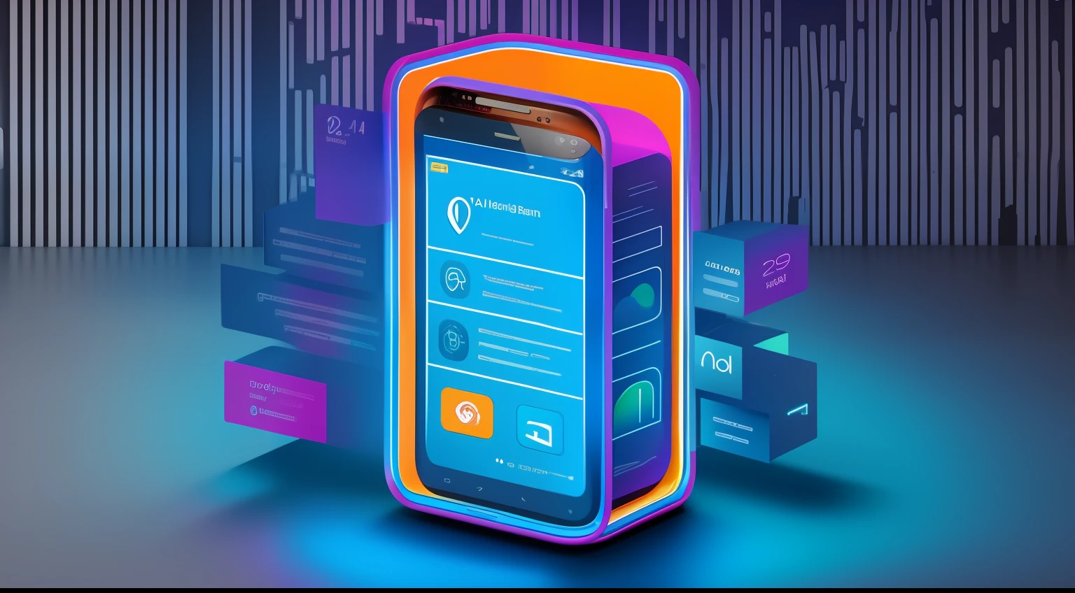 a bank branch inside a mobile phone. Bank branch. Image of modernization of banking services. Connection between physical and digital. Moderna, colorida, alegre, com cores vivas, good ilumination, symmetric, sem erros.