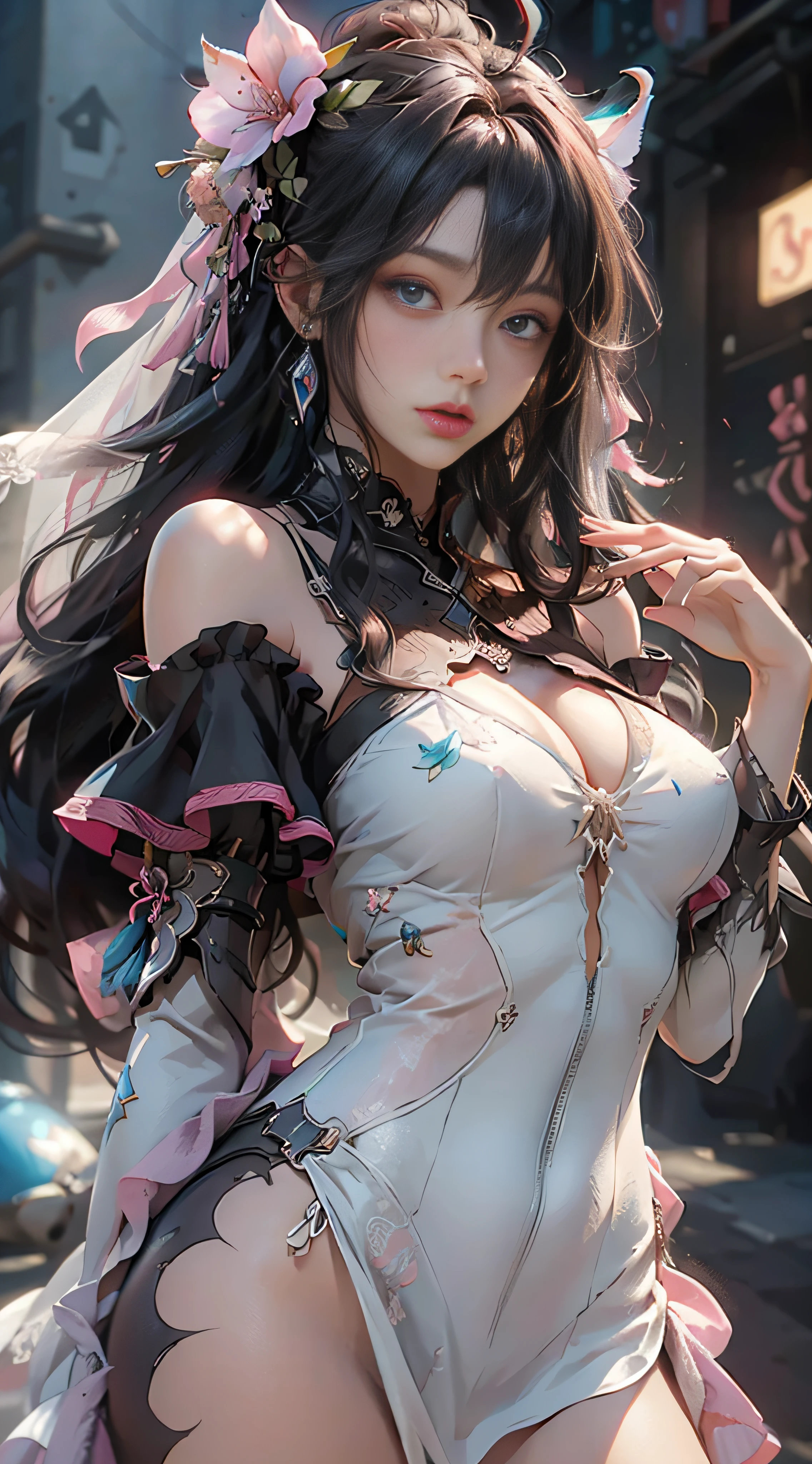 ((best qualtiy)), ((tmasterpiece)), (detail:1.4), 3D, Beautiful cyberpunk female images,hdr(HighDynamicRange),Ray traching,NVIDIA RTX,Hyper-Resolution,illusory 5,sub surface scattering,PBR textures,post-proces,Anisotropy Filtering,depth of fields,maximum definition and sharpness,Many-Layer Textures,Albedo e mapas Speculares,Surface coloring,Mitsu-Accurate simulation of material interactions,perfectly proportioned,rendering by octane,Two-colored light,largeaperture,Low ISO,White balance,Rule three points、8K raw data、Beautiful bright blue pupils,off-the-shoulder clothes,Fine pupils,Delicate face and eyes,long eyelasher,Blushlush,Delicate and fluffy hair,pink lip,Pure,Cute big breasts,Sweet girl,Artistic sense,Casual wear,Advancedsense,butterflys,Cherry blossom petal,Beautiful hair accessories,Long hair and waist,Hair fluttering in the wind,wedding gown,curlies