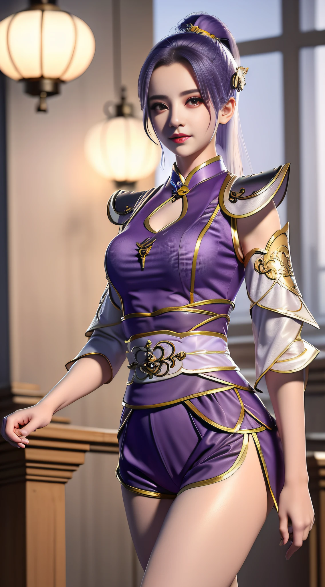 tmasterpiece，best qualityer，1girll，独奏，（academy：1.3），（gym：1.3），（Cheongsam elements：1.2），（Sports tops：1.3）Super short pants，Han Yue，lamplight。Gorgeous Hair in Long Purple，Ethnic style element background，