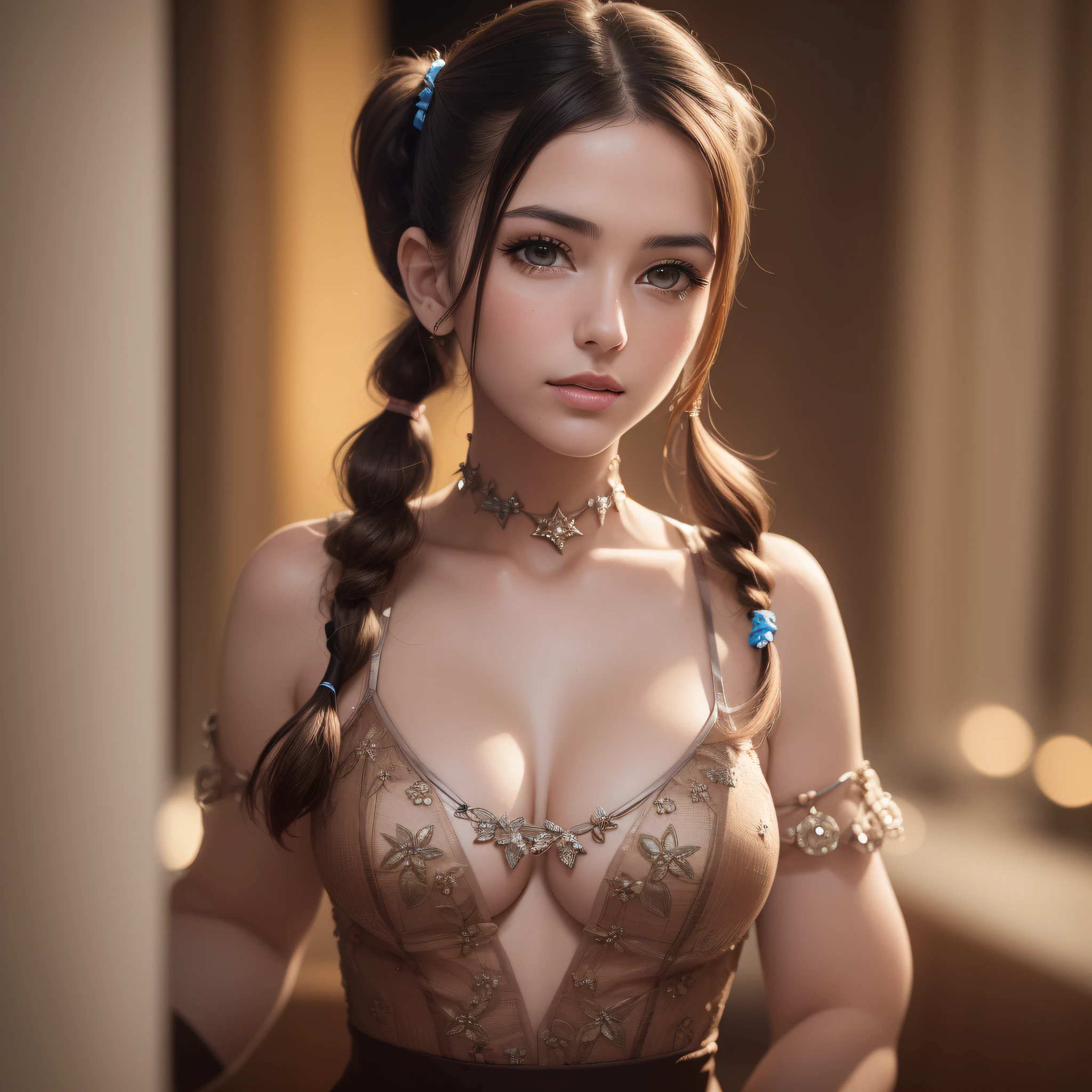 woman posing for a photo, (wearing deep_v-neck_dress, pigtail_hairstyle:1.3),
good hand,4k, high-res, masterpiece, best quality, head:1.3,((Hasselblad photography)), finely detailed skin, sharp focus, (cinematic lighting), night, soft lighting, dynamic angle, [:(detailed face:1.2):0.2],(((5 stars hotel))),