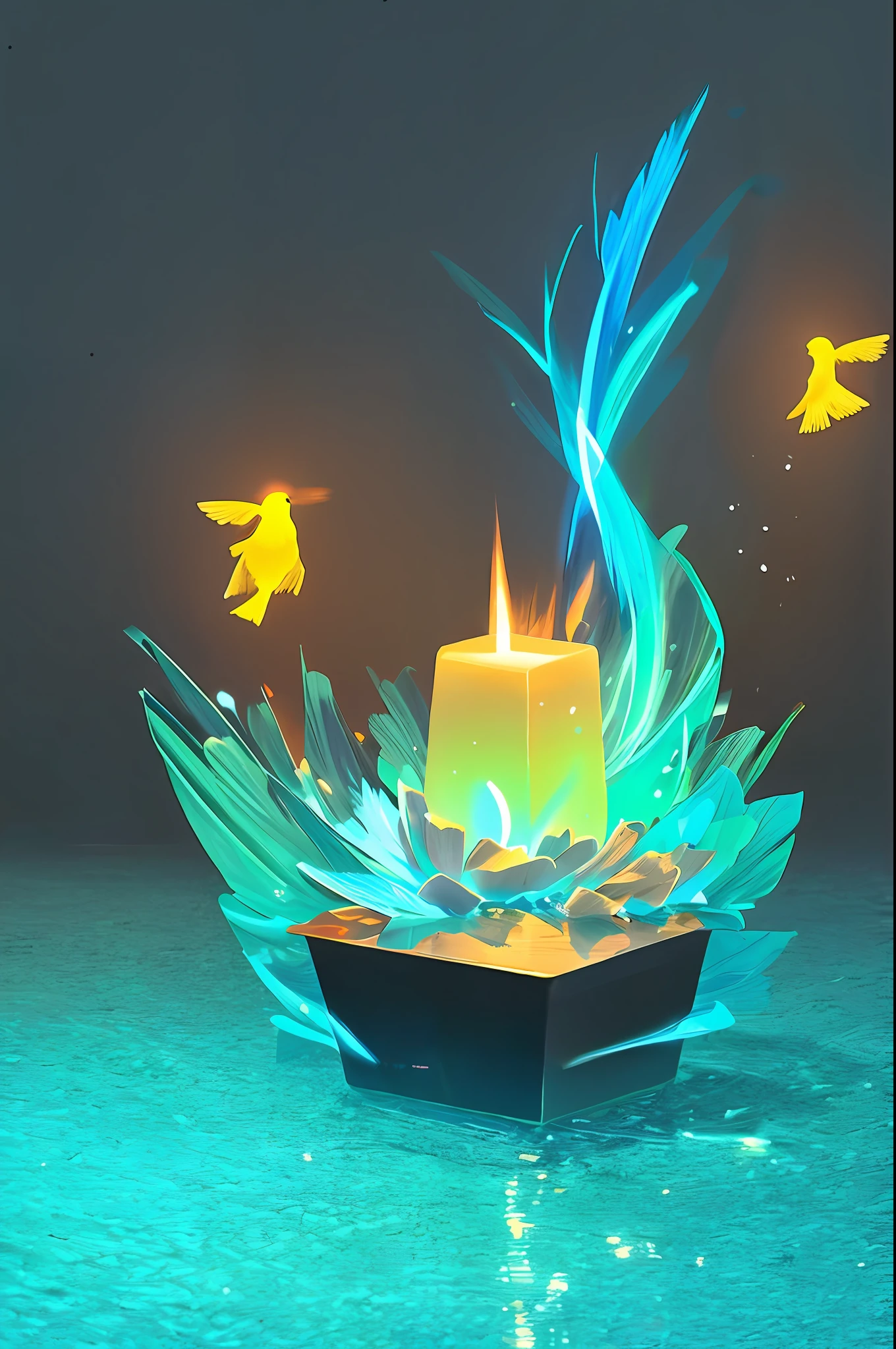 Bioluminescent bird in water, vagalumes, 4k, cores vintage
