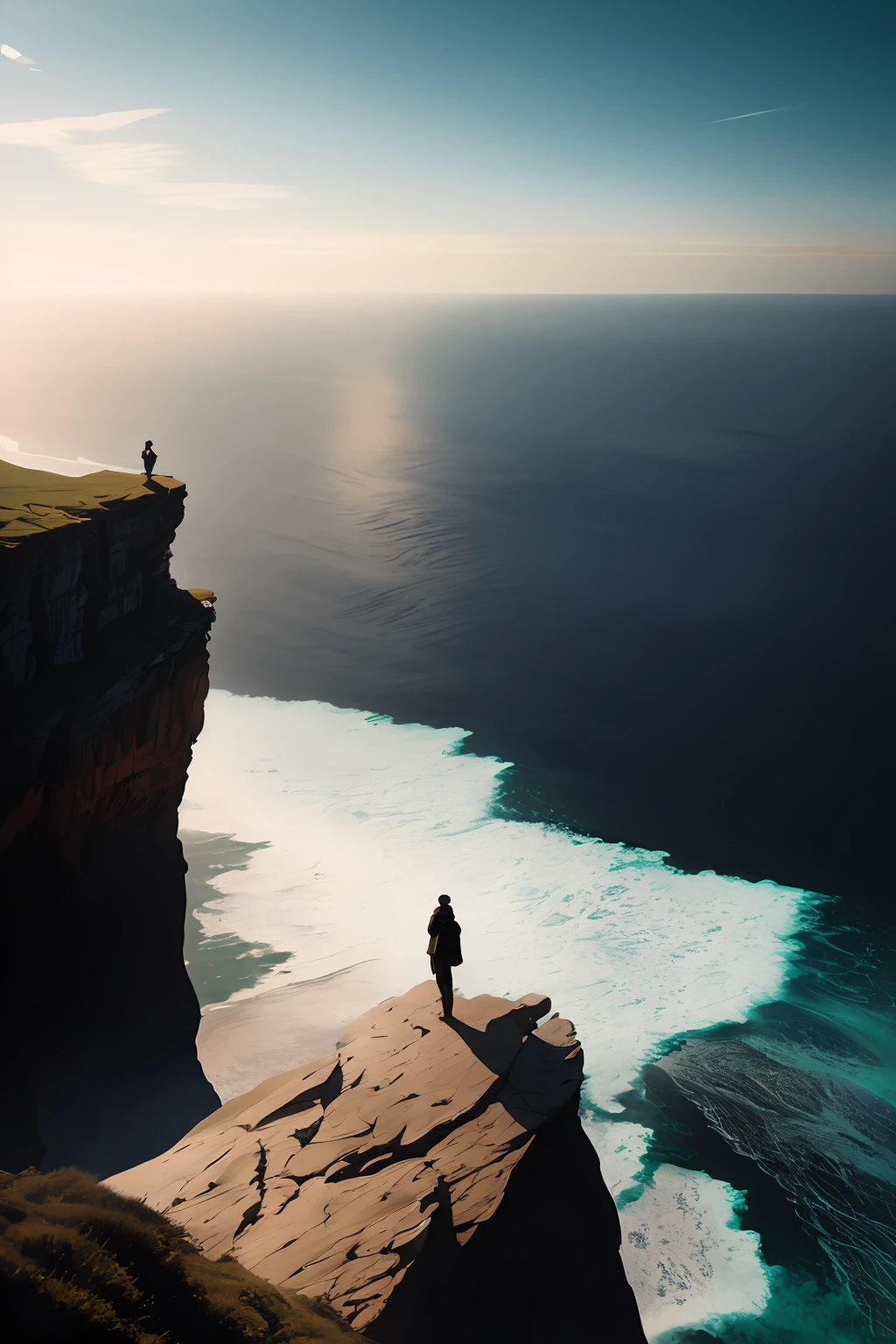 there is a man standing on a cliff overlooking the ocean, cinematic. by leng jun, cinematic photograph concept art, by Yang J, inspired by Michal Karcz, by Fan Qi, james gurney and andreas rocha, dramatic cinematic shot, dramatic backgroung, edge of the world, inspired by Johfra Bosschart, 8 k matte painting