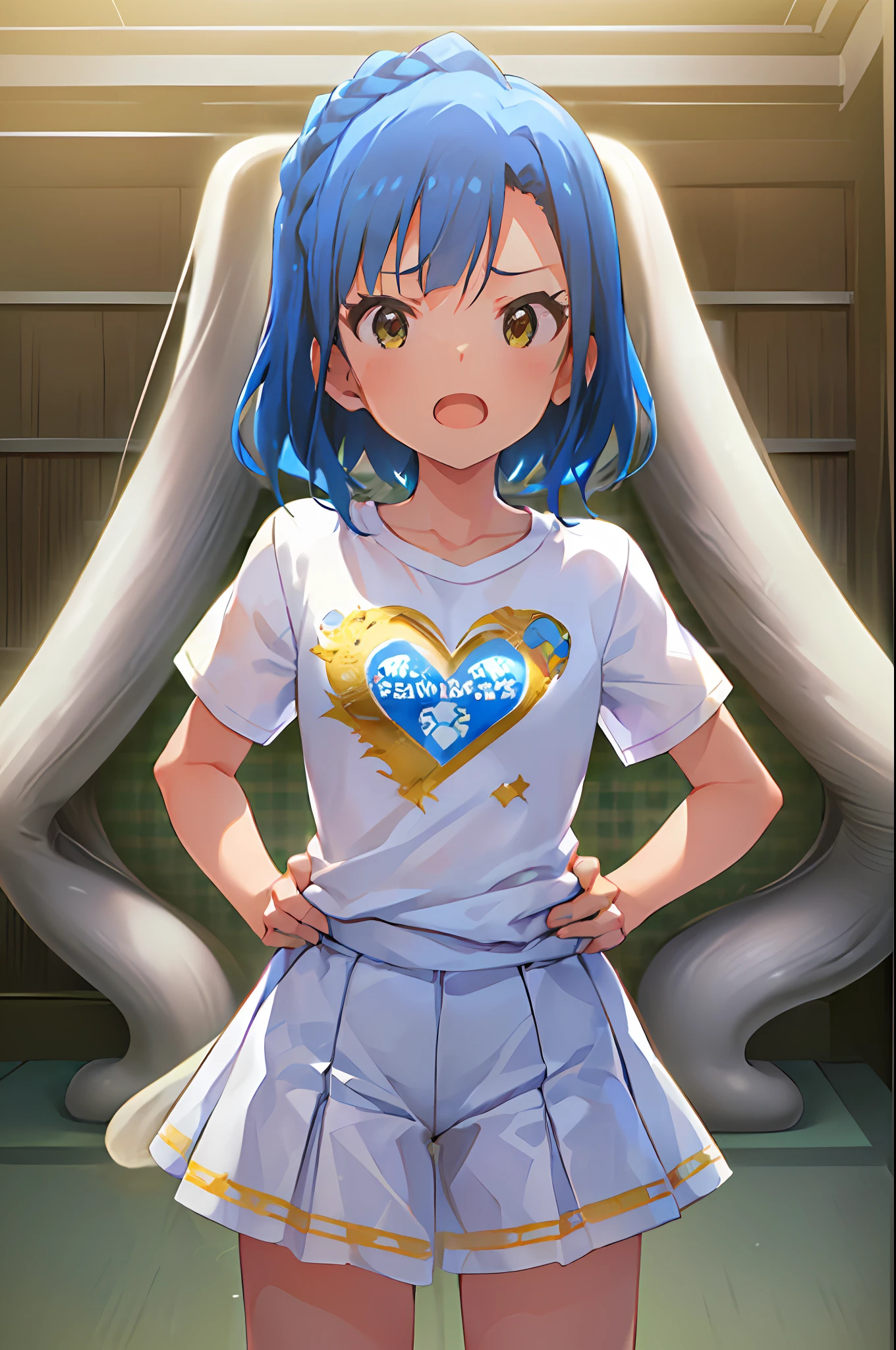 yuriko nanao (million live). Short stature. (((white t-shirts))).Skirt.(((masterpiece))).(((best quality))).((Ultra-detailed))).(((illustratio))). (((put hands on the hip))).(((a room))).(((make a fist))).(((up chest))).Despair face.(((short-hair))).((Medium chest)).((Opening Mouth)).((Heart on chest)).