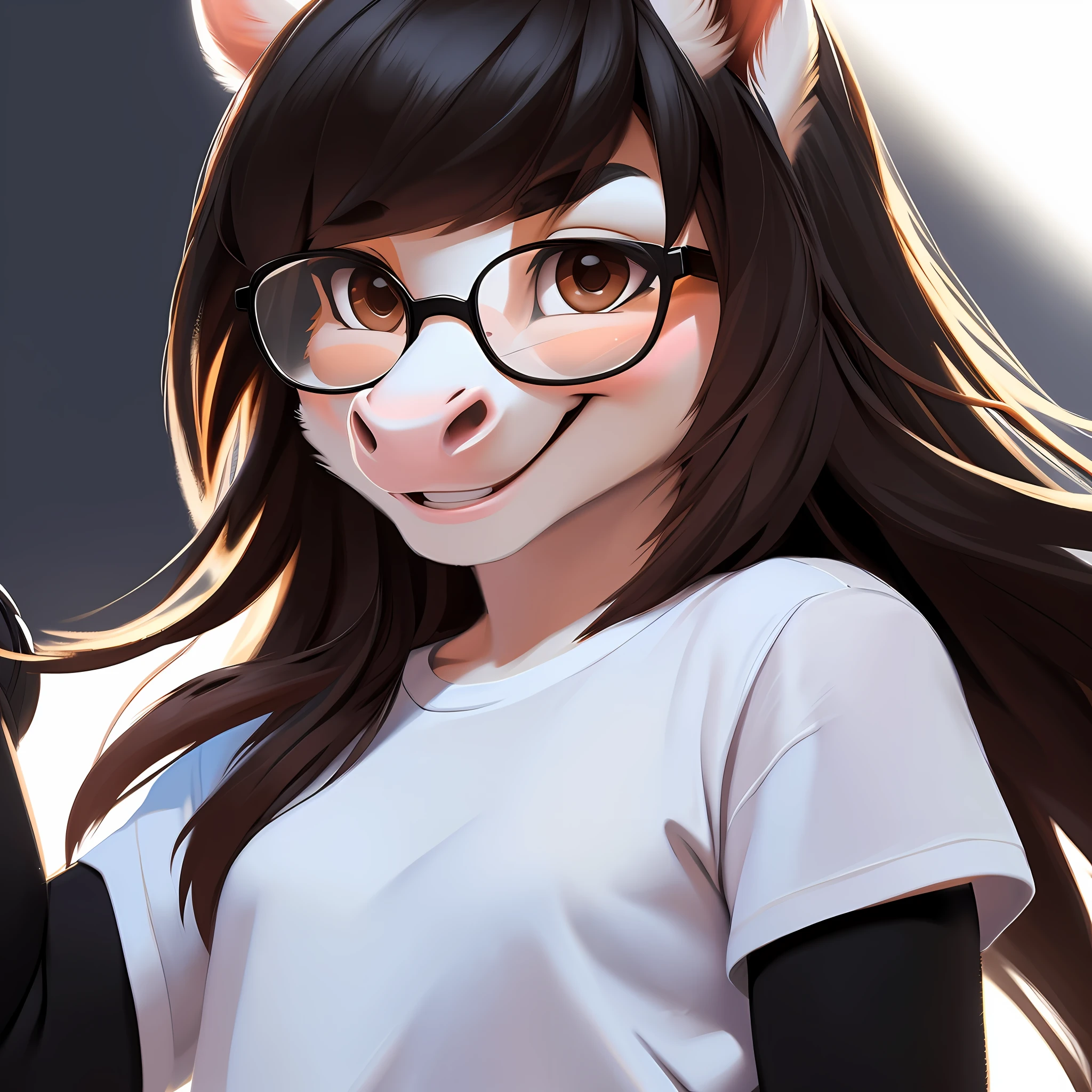 uploaded on e621, by Cory Loftis, by Chunie, by Kentowan, from side, (close up), adorable (horse_anthro, (white horse)), female, small breasts), (detailed expressive face, happy, lovely, smiling eyes:1.3 ), looking at viewer, (wearing a white t-shirt, a black skirt, black stockings, black glasses and black platform shoes), hair clips, medium brown hair with bangs, brown eyes, (fluffy detailed body fur:1.1), backlighting, masterpiece, highres, white background, photographic studio, colorful, aesthetically pleasing.