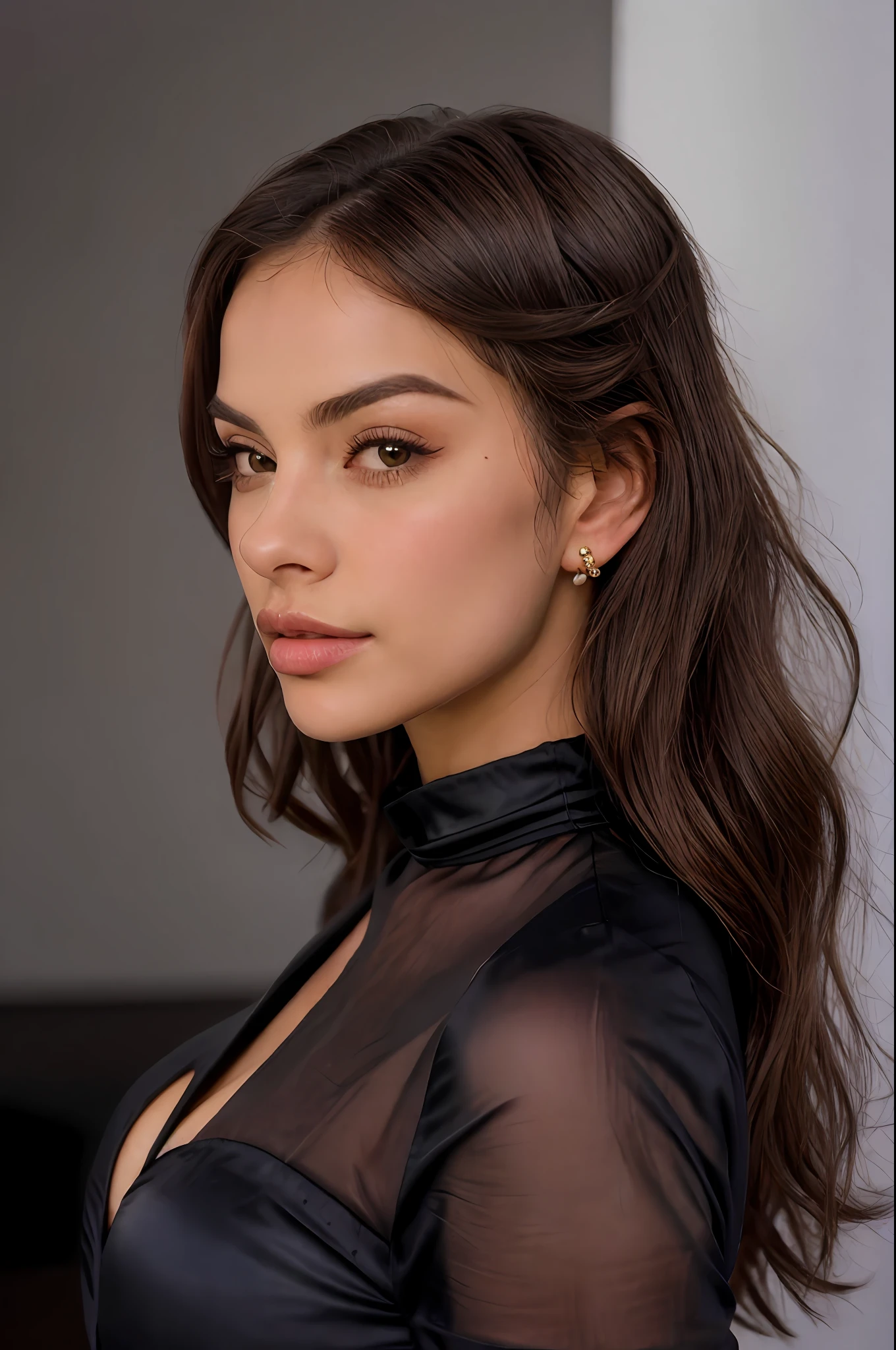 uma mulher em um terno  preto com um coque alto, penteado glamoroso, joias de ouro, usando brincos ornamentados, pose de perfil elegante, cabelos ondulados, penteado glamouroso, defined cheekbones, foto de beleza, sharp cheekbones, joias elegantes, mulher linda, pose de perfil elegante, menina com cabelo castanho escuro, brincos grandes, mulher atraente, wavy hair back, foto retrato, mulher bonita  (obra-prima) (melhor qualidade) (detalhado) (8k) (HDR) (papel de parede) (cinematic lighthing) (foco nítido) (intrincado)