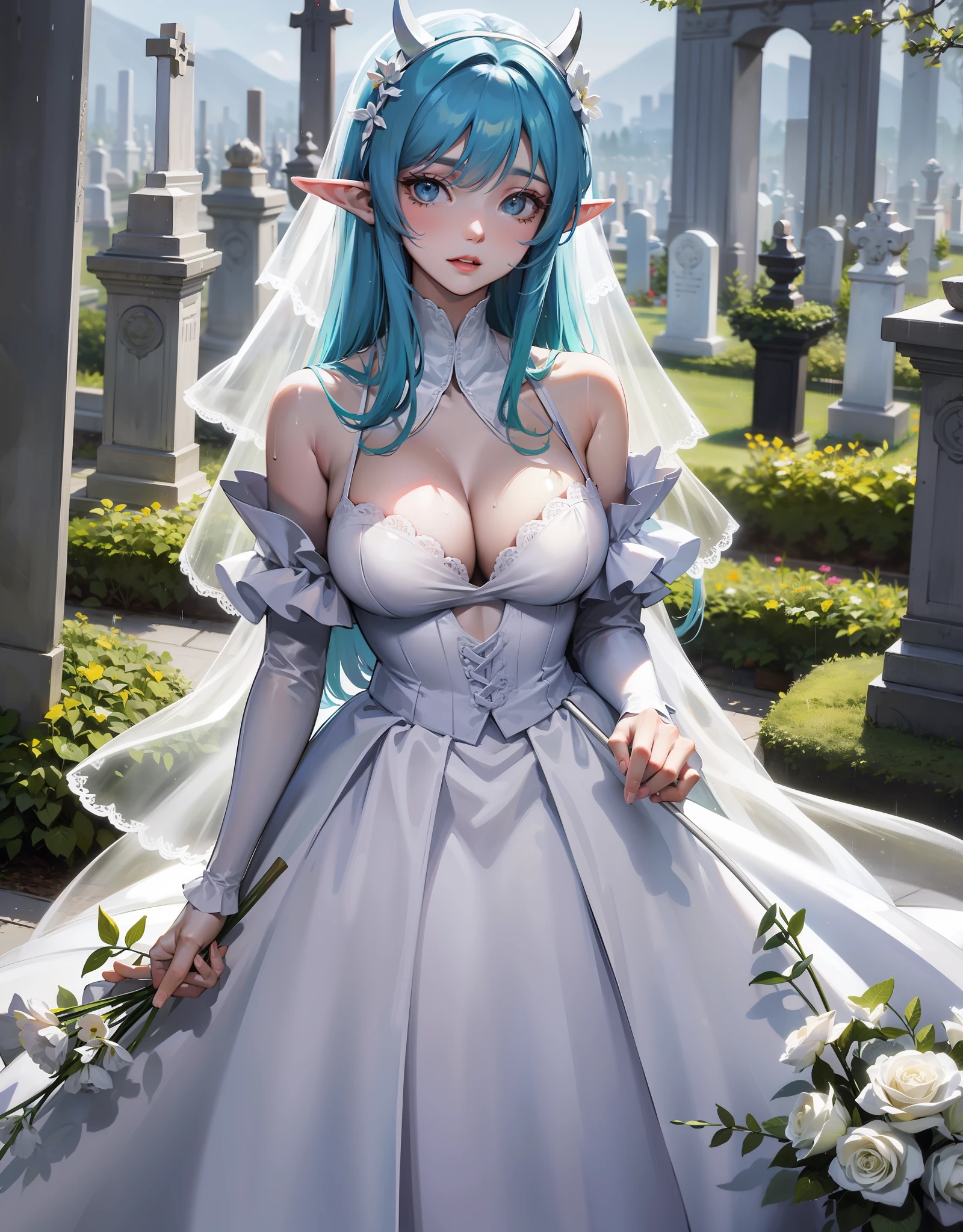 Mulher nova com cabelo azul claro, Elf ears and white horns in the middle of the rain in front of a cemetery in a long wet white wedding dress, Ela tem um corpo volumoso e os seios, breasts and bust are huge, ela tem um rosto macio delicado lindo e perfeito. Sentada nas escadas da catedral