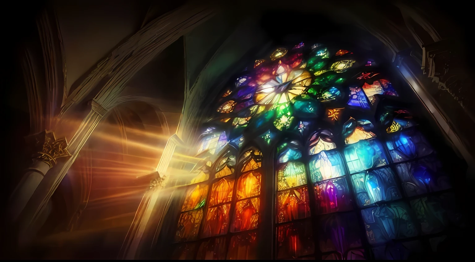 um close up de um vitral em uma igreja, mystical cathedral windows, fundo de vitrais brilhantes, vitrais retroiluminados, gothic stained glass style, vitrais intrincados, vitrais, Fundo da catedral, Explodindo com a Luz Santa, Raios de Luz Sagrada Sagrada, Raios Sagrados de Luz Espiritual, vitral, iluminado para raios de luz, vidro manchado, lindos vitrais