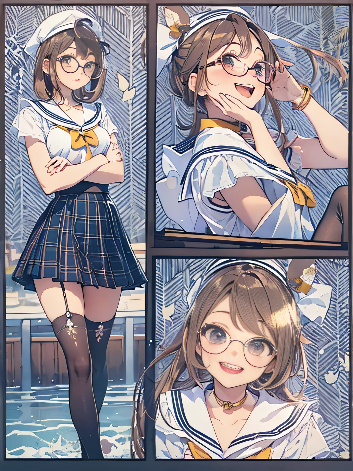 a 20 yo woman、Japan school uniform、(Sailor suit in cute shades)、(White sailor color)、Smiling with a sexual expression、Cute hairstyle、Colossal tits、Close-up view of shoulders seen from the side、(Close-up view of collar from the side)、high-level image quality、beautiful  Girl、sea side、a sailor suit、((white sailor collar))、Sleeveless、Plaid pleated skirt、Stockings、(huge-breasted)、Fluttering the chest、emphasizing breasts、Sleeveless、Smiling、pantie shot、Panchira、Cute patterned panties、Pants with cute patterns、Show the armpits