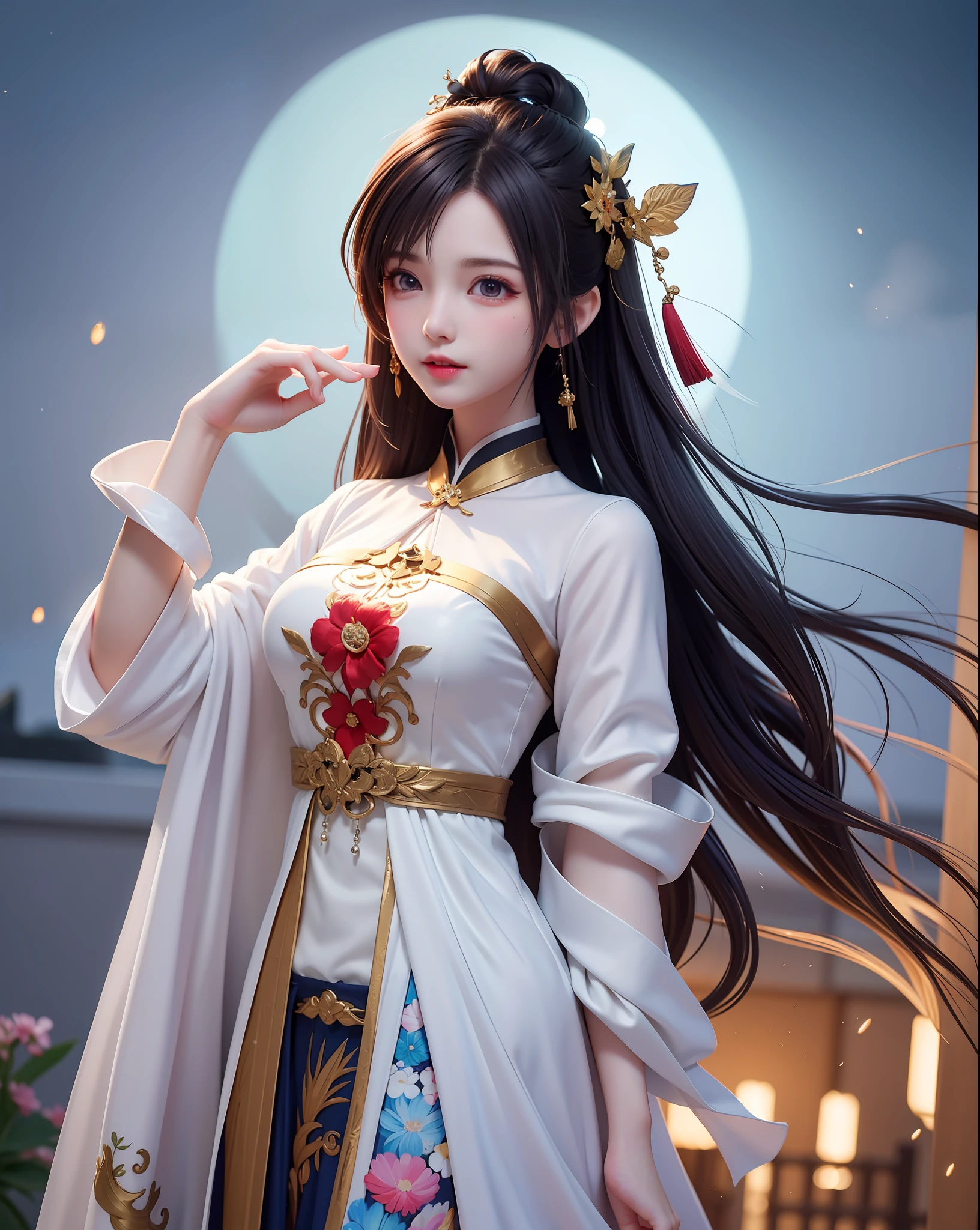 (8k, RAW photo:1.2), best quality, ultra high res,dramatic angle,(fluttered detailed color splashs), (illustration),(((1 girl))),(long hair),(rain:0.9), (头饰:1.4),少女身边有一座古宫,汉服,(重点),彩色水墨画,(泼彩),泼彩,(((colorful))),(素描:0.8) , Masterpiece, best quality, beautiful painted, highly detailed,(denoising:0.6),[splash ink],((ink refraction)), (beautiful detailed sky),moon,highly,detaild,(masterpiece, best quality, extremely detailed） CG unity 8k壁纸，杰作，最好的质量，超详细），（石蒜），