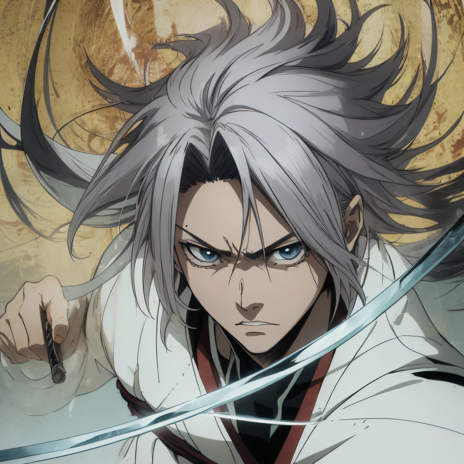 personagem de anime em kimono branco e preto com um cabelo branco, Armadura samurai, segurando uma Katana, expression serious, intimidador, Badass, Estilo anime, old man style anime manga, Shonen, Epic anime style, Epic Battle, cabelo rodopiante, Inspirado em genryusai yamamoto, digital advanced anime art ", Tite Kubo traits, Japanese Lightning God, striking manga artstyle, Estilo anime"