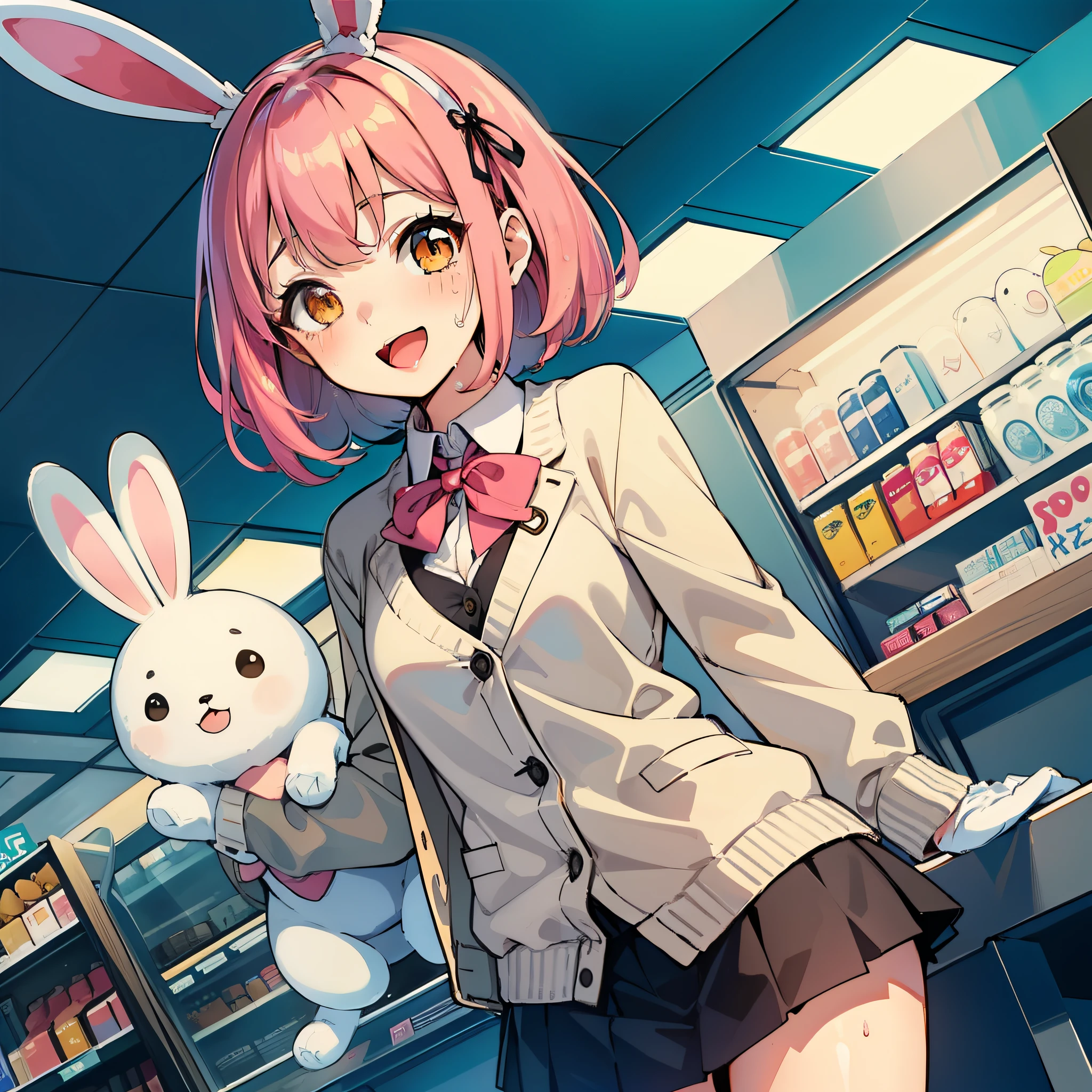 (:D:1.2),One girl. (masutepiece, of the highest quality, Kyoto Animation Style Illustration, of the highest quality, Official art, aesthetics, Beautiful details, :1. 2), BREAK, (17 years old girl), Very detailed, colourfull, highest details, BREAK, (medium breasts),(Orange Eyes:1.2),(girl, Cute, Graceful, Loli face,Pink hair,a short bob,tareme, gleaming skin, Hugging a stuffed rabbit, Playboy Bunny,(Suit Style, Short suit skirt,Long lace white gloves wet with sweat, Black cardigan:1.1), High socks with pink and yellow stripes,Pink Bunny Years Hair Band,BREAK,Waving hands,Standing with a smile,(closes mouth),Open legs,Angle from below,The skirt turns over in the wind,Strap panties visible,BREAK,In front of the convenience store cash register,Being in front of the cash register,Have new pants,Multiple guests,The high school boy behind me is embarrassed,Female clerk with puzzled face,
