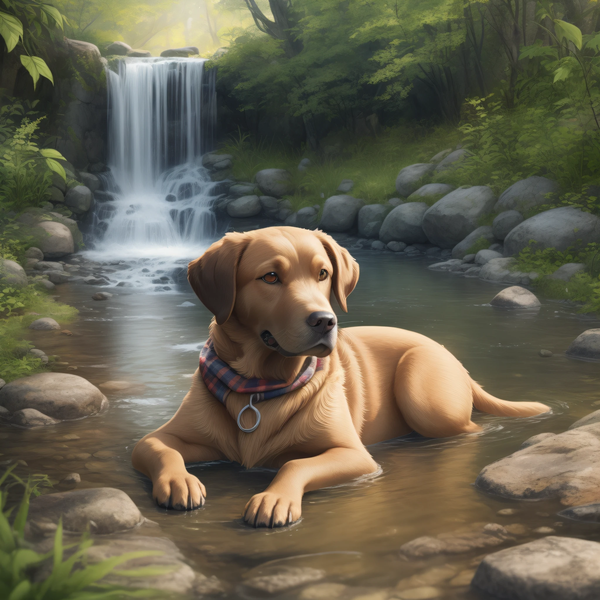 Labrador Retriever, Natural coat, (Best Illustration), (super detailed CG), digital painting, luminous eyes, Energetic, Country life, A stream among the wonderful stones, Luxury wooden pansion, Wonderful travel scarves, ultra-definition, --ios 120, Meticulous expression, HDR, hoog detail, unreal-engine, rich colors, Octane rendering, 8k