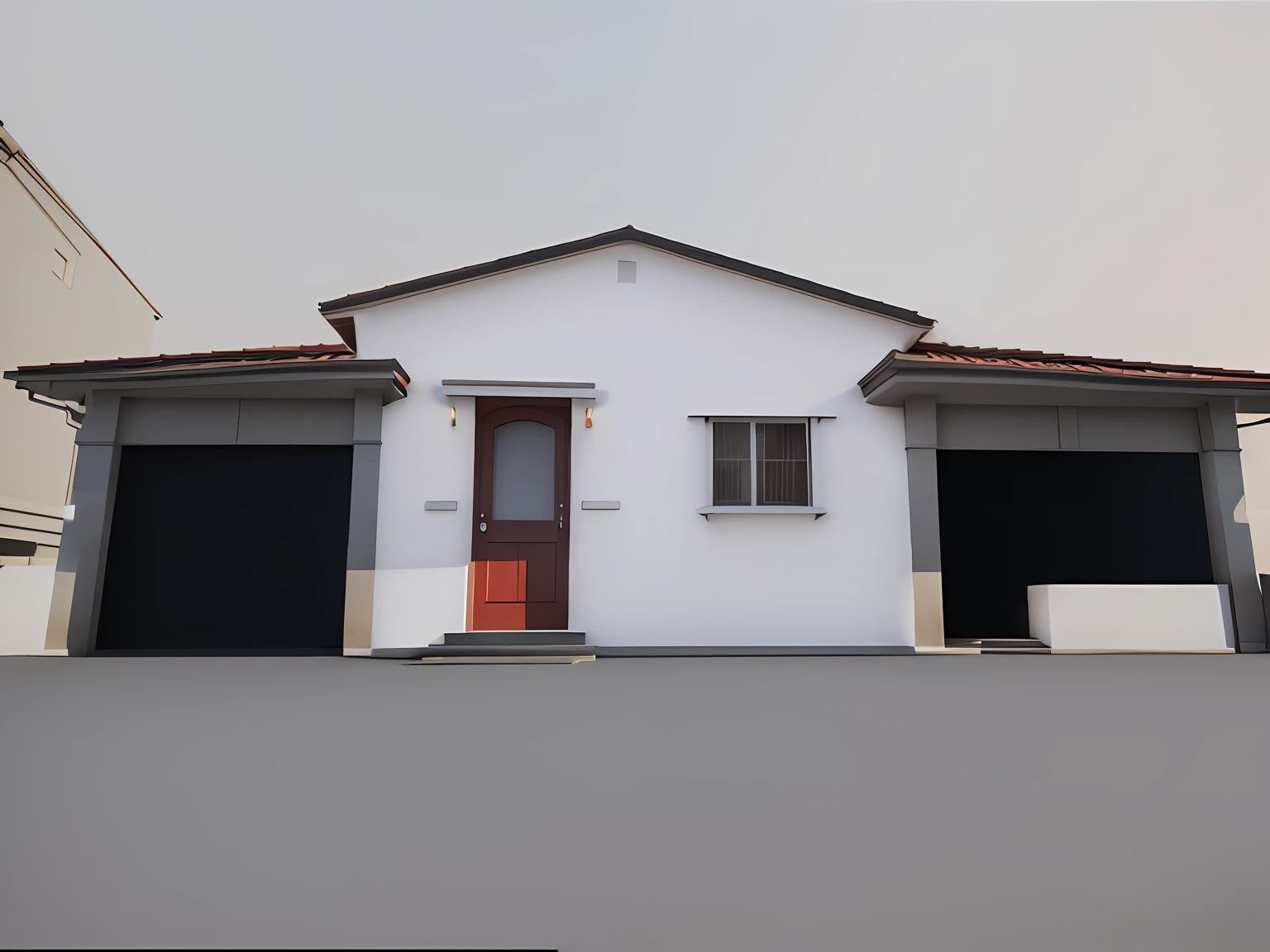 There is a white house with a red door and a brown roof, Vista frontal, imagem frontal, frontal realista, renderizar 3 d, casa completa, 2 d render, photographic render, building facing, perspectiva frontal, uma casa, Symmetrical front, 3D-rendering, 3D-rendering, photoralistic rendering, Frontal, lumion rendering, 3/4 view realistic