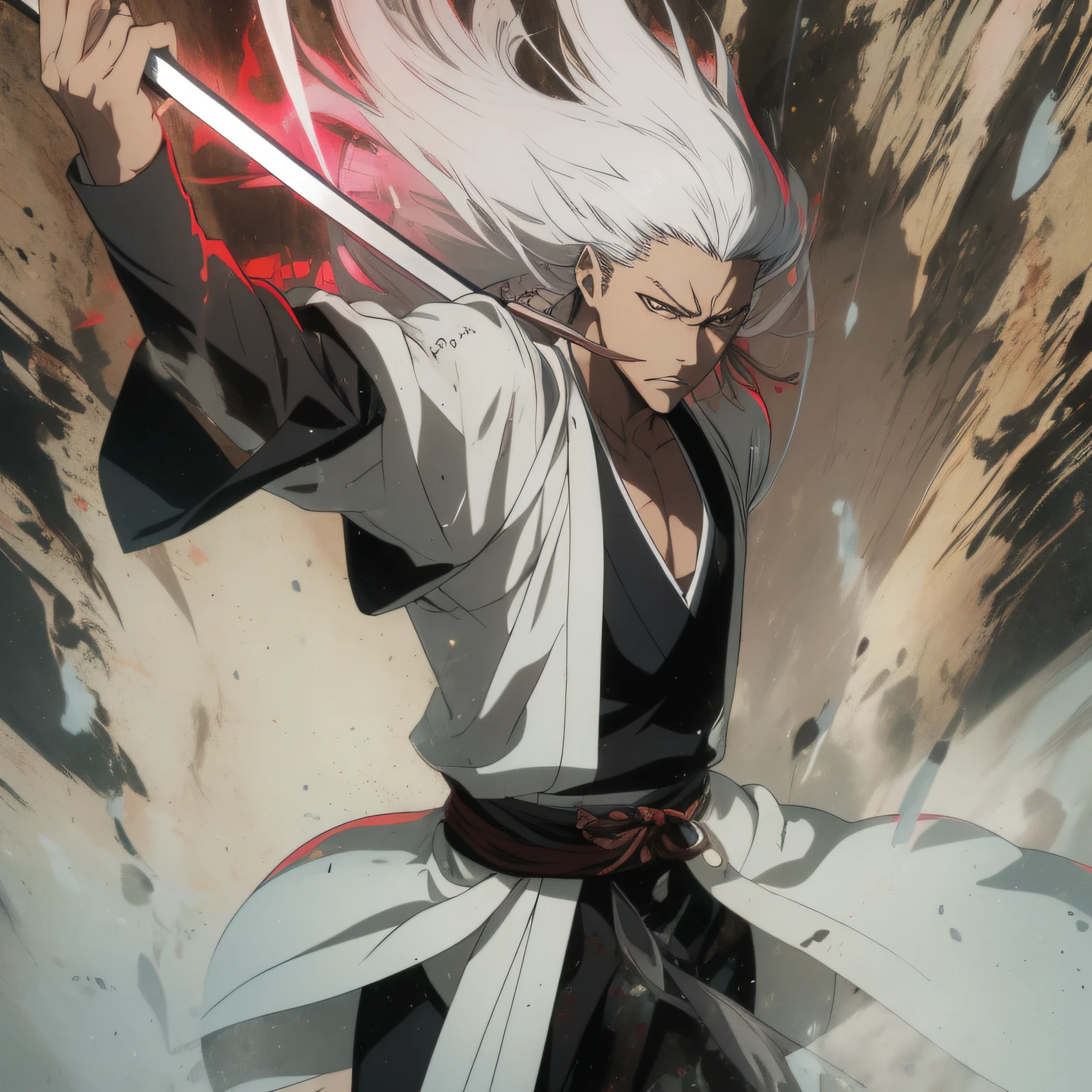 personagem de anime em kimono branco e preto com um cabelo branco, Armadura samurai, segurando uma Katana, expression serious, intimidador, Badass, Estilo anime, old man style anime manga, Shonen, Epic anime style, Epic Battle, cabelo rodopiante, Inspirado em genryusai yamamoto, digital advanced anime art ", Tite Kubo traits, Japanese Lightning God, striking manga artstyle, Estilo anime"