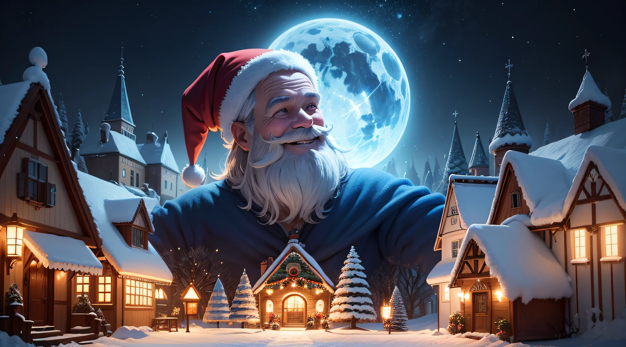 Christimas Santa Claus smiling happily smiling to heaven, olhando para frente, reindeer in the sky, Gingerbread candy village, cinematographic scene, Art Deco, studio illumination, Roboto, Colouring, Inspetor, fantasia, conto de fadas, intrincado, Florta, vagalumes, flor, Tema azul, fundo azul, gradiente azul, Natal, Hansel e Gretel, desfoque de fundo, Bokeh, medium shot, Visualmente deslumbrante, arte conceitual, trending in artstation, Artgerm, CGSetnação, 8k, super detail, ccurate, best quality --auto