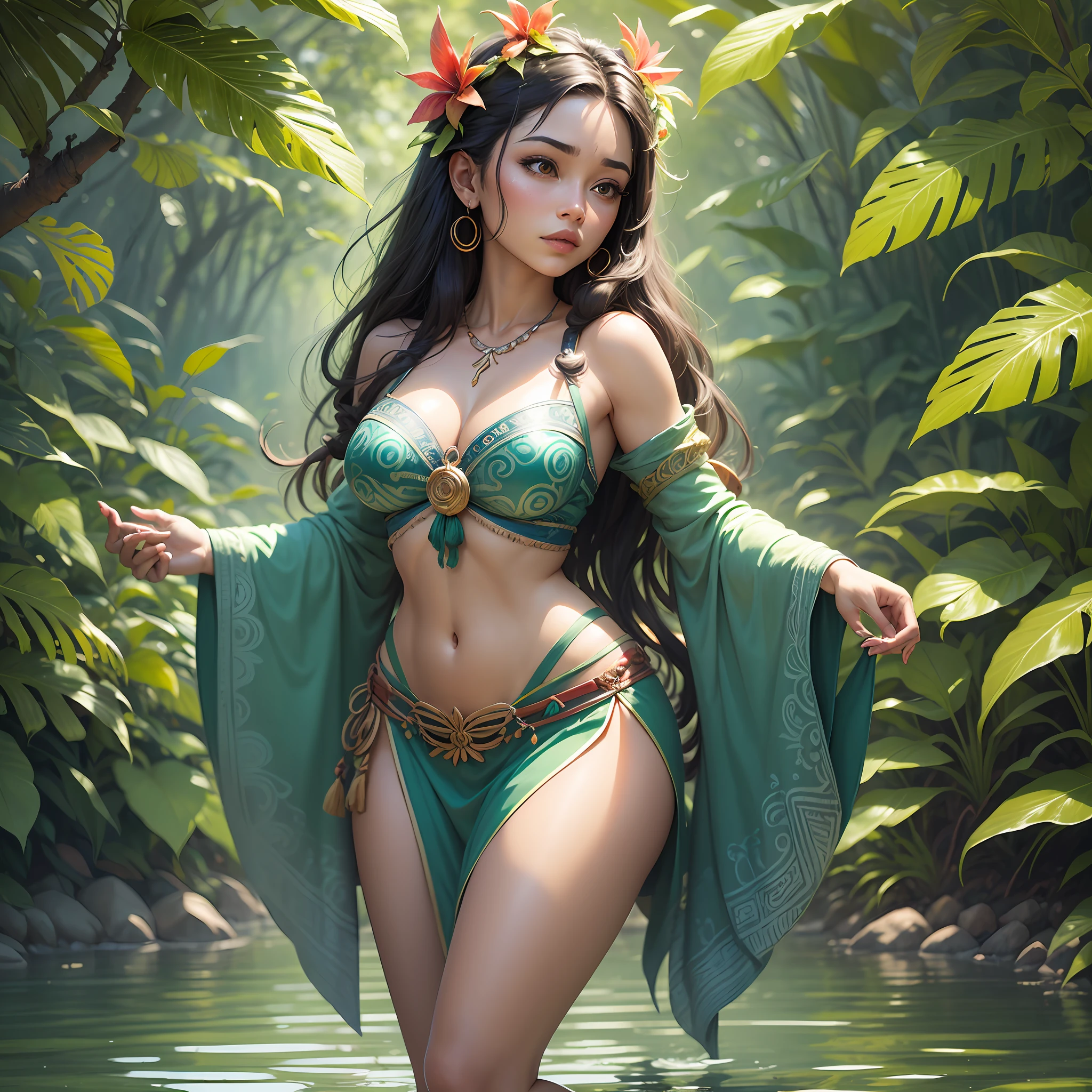 A realistic illustration in vibrant colors of the goddess Te Fiti from the Disney animated film Moana. Te Fiti is depicted as a large green-skinned woman with flowers and plants growing on her body. Your hair is made up of leaves and your clothes are made of plants. She is standing on a tropical island, surrounded by trees and lush vegetation. Her expression is serene and motherly. The image is highly detailed and aesthetically pleasing --auto --s2