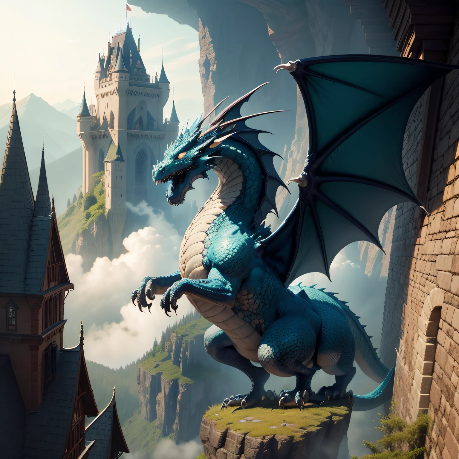"Create a t-shirt print with an epic fantasy theme. Include a majestic dragon soaring over a magical realm with castles and enchanted forests."