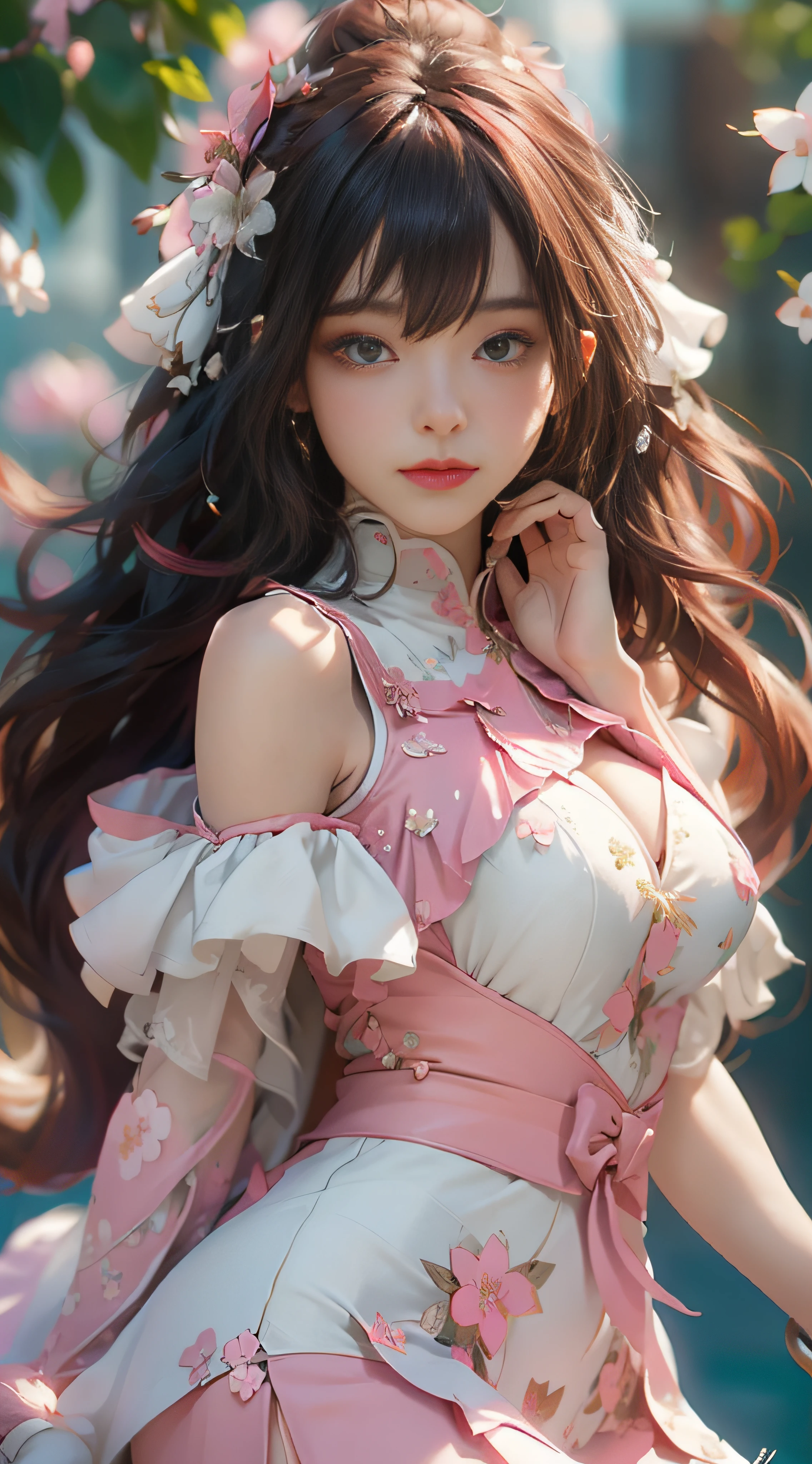 ((best qualtiy)), ((tmasterpiece)), (detail:1.4), Beautiful cyberpunk female images,hdr(HighDynamicRange),Ray traching,NVIDIA RTX,Hyper-Resolution,illusory 5,sub surface scattering,PBR textures,post-proces,Anisotropy Filtering,depth of fields,maximum definition and sharpness,Many-Layer Textures,Albedo e mapas Speculares,Surface coloring,Mitsu-Accurate simulation of material interactions,perfectly proportioned,rendering by octane,Two-colored light,largeaperture,Low ISO,White balance,Rule three points、8K raw data、Beautiful bright blue pupils,off-the-shoulder clothes,Fine pupils,Delicate face and eyes,long eyelasher,Blushlush,Delicate and fluffy hair,pink lip,Pure,Cute big breasts,Sweet girl,Artistic sense,Casual wear,Advancedsense,butterflys,Cherry blossom petal,Beautiful hair accessories,Long hair and waist,Hair fluttering in the wind,wedding gown,curlies